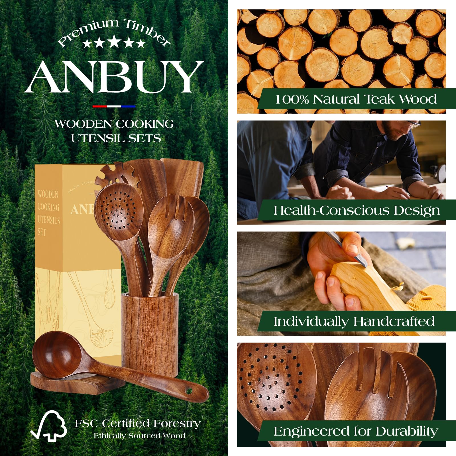 ANBUY Wooden Spoons for Cooking, Natural Teak Cooking Utensils Set, Wooden Kitchen Utensils Set with Holder & Spoon Rest, Wooden Cooking Utensils Set of 9