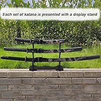 Vista 2 de Set de 3 espadas japonesas de Samurai con soporte de exhibición, Katana de Iaido con hoja de acero al carbono, espada real para exhibición