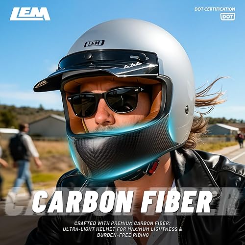 Miniatura 8 de LEM Casco integral vintage, retro, casco de motocicleta DOT, carcasa de fibra de vidrio con mandíbula de fibra de carbono, ligero para ventilación