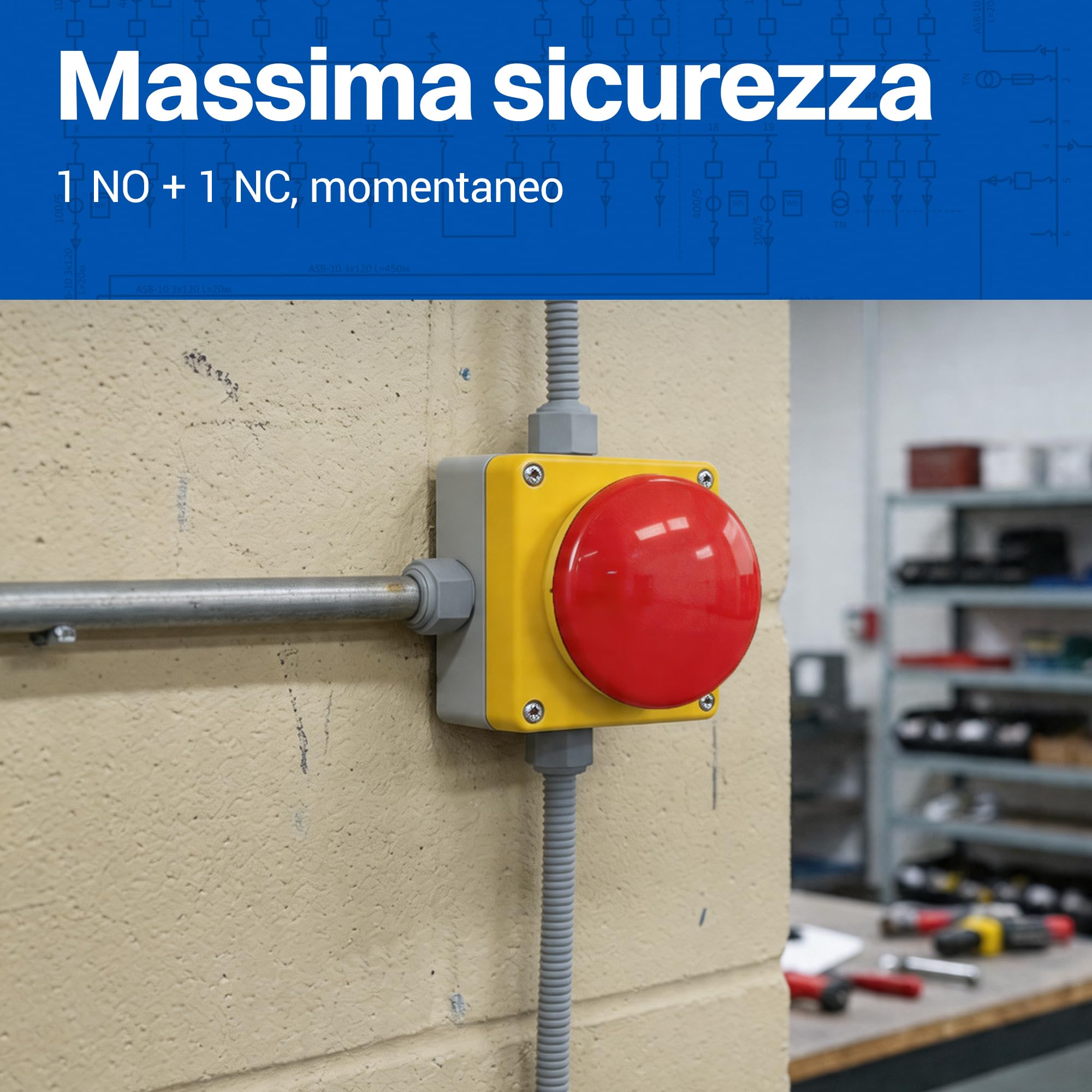 Pulsante manuale grezzo a fungo a pedale Interruttore Arresto di emergenza Cicalino apriporta 1NO+1NC Apertura positiva Rosso/giallo Funzione di bloccaggio IP65