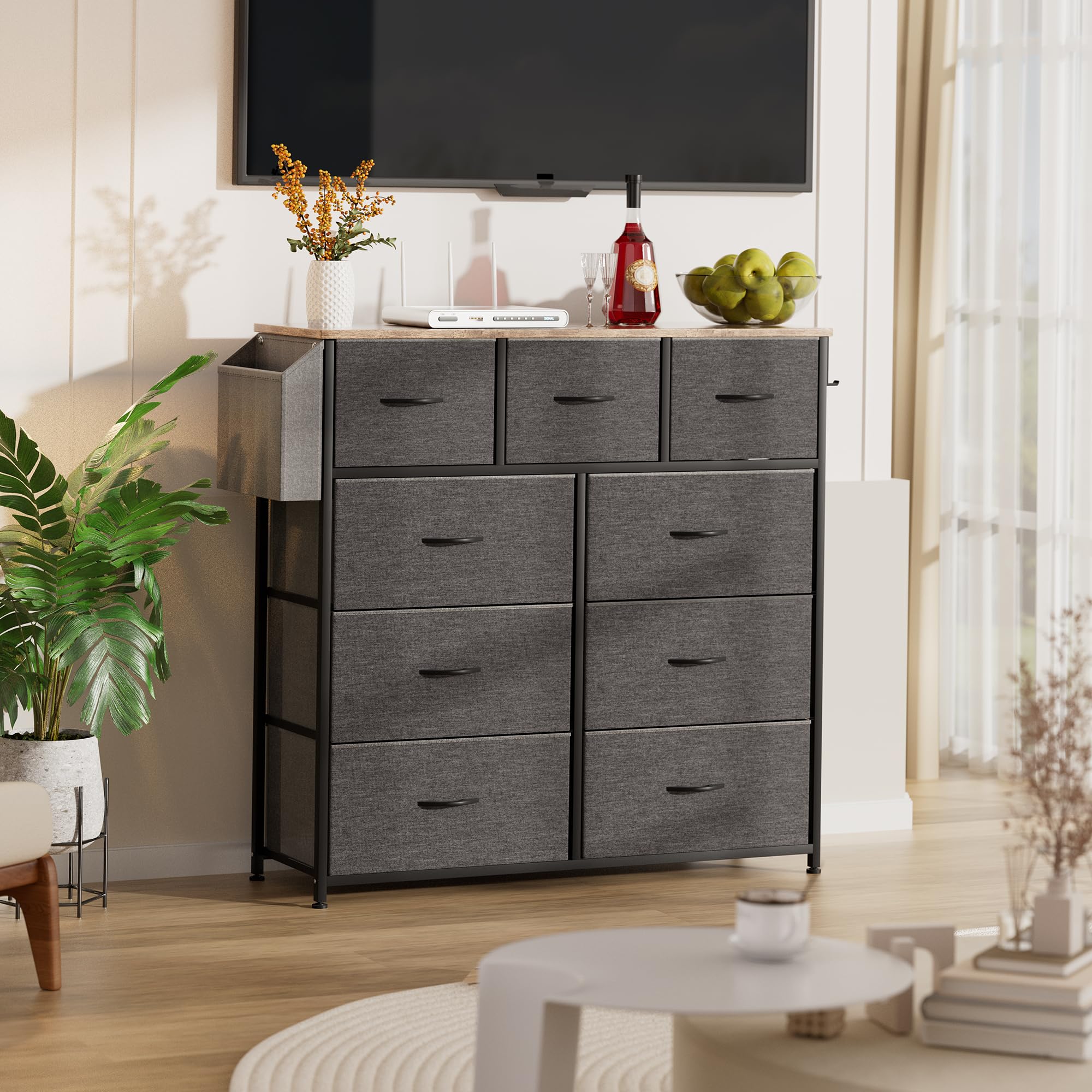 Commode en Tissu – Meuble de Rangement en Toile, 9 Grands Tiroirs, Étiquettes, Poche Latérale et Crochet, pour Salon, Couloir, Chambre