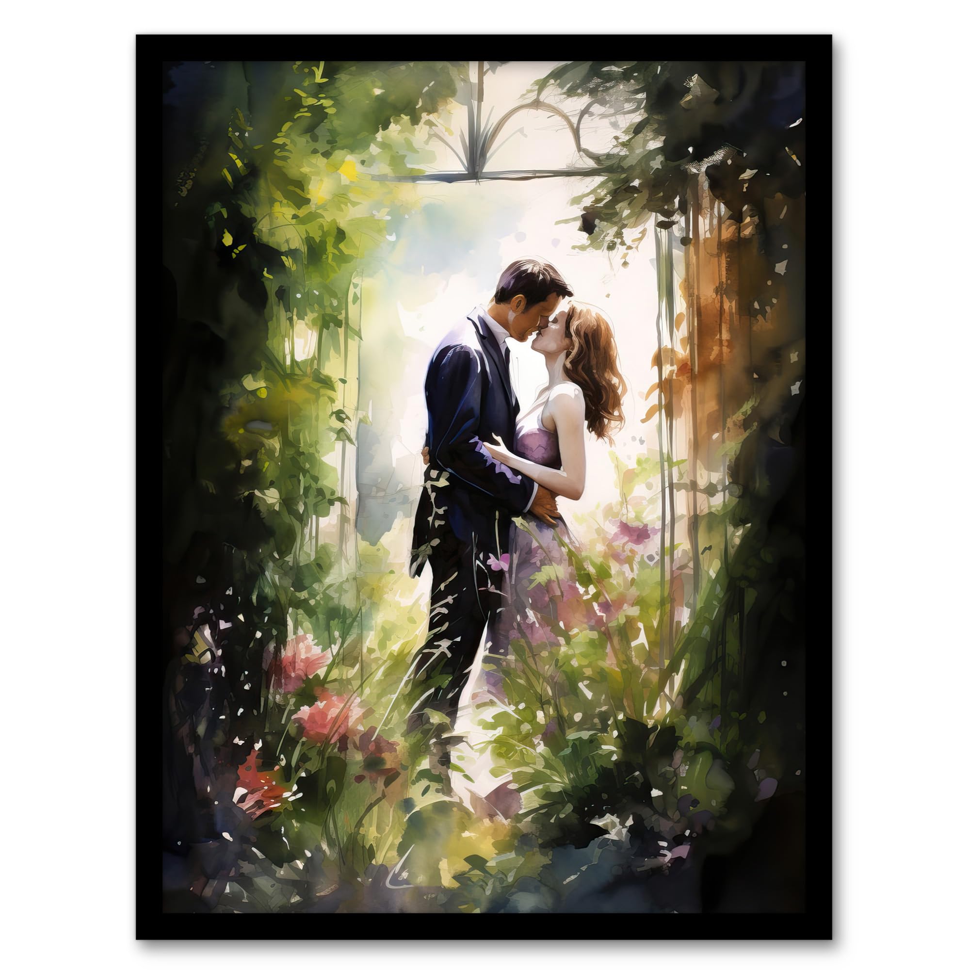 Artery8 Stolen Kiss Watercolour Painting Secret Garden Lovers Kissing Among Flowers Bedroom Art Artwork Framed Wall Art Print A4