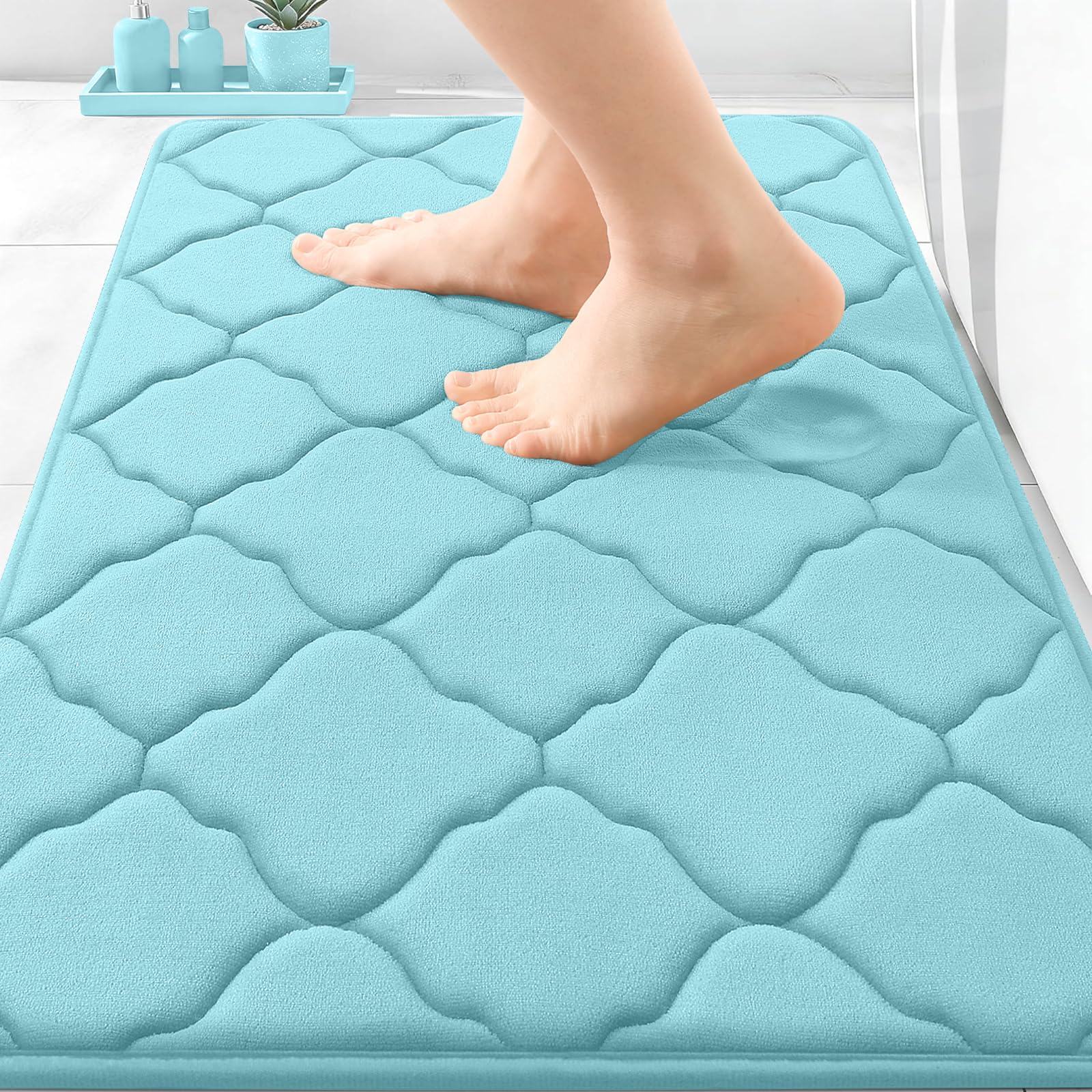 OLANLY Memory Foam Bath Mat Rug 30x20, Ultra Soft and Absorbent Bathroom Rugs, Non-Slip, Comfortable, Machine Washable Bath Carpet for Bathroom Floor, Tub, Shower and Home Decor Accessories, Sky Blue