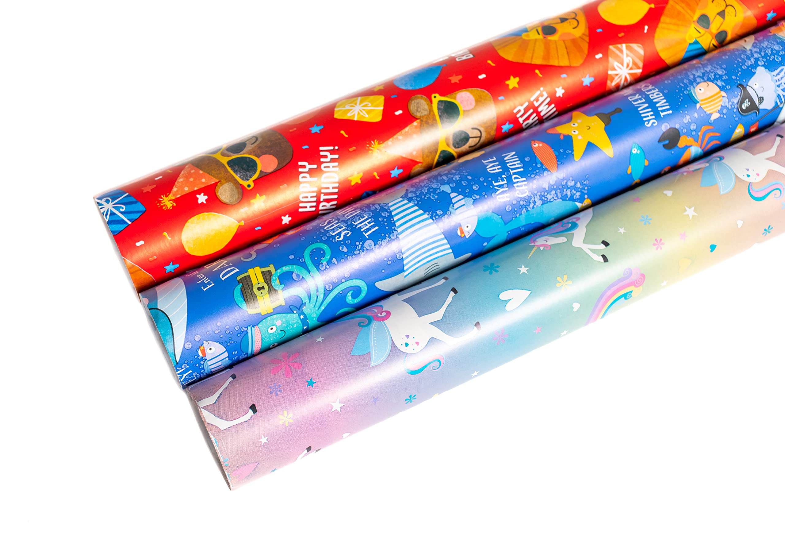 Giftmaker - Wrapping Paper Roll Selection Pack - Pack x 3 - Recyclable Gift Wrap - 3M Rolls - Kids Wrapping Paper With Lion, Sealife & Unicorn Design - Made In UK