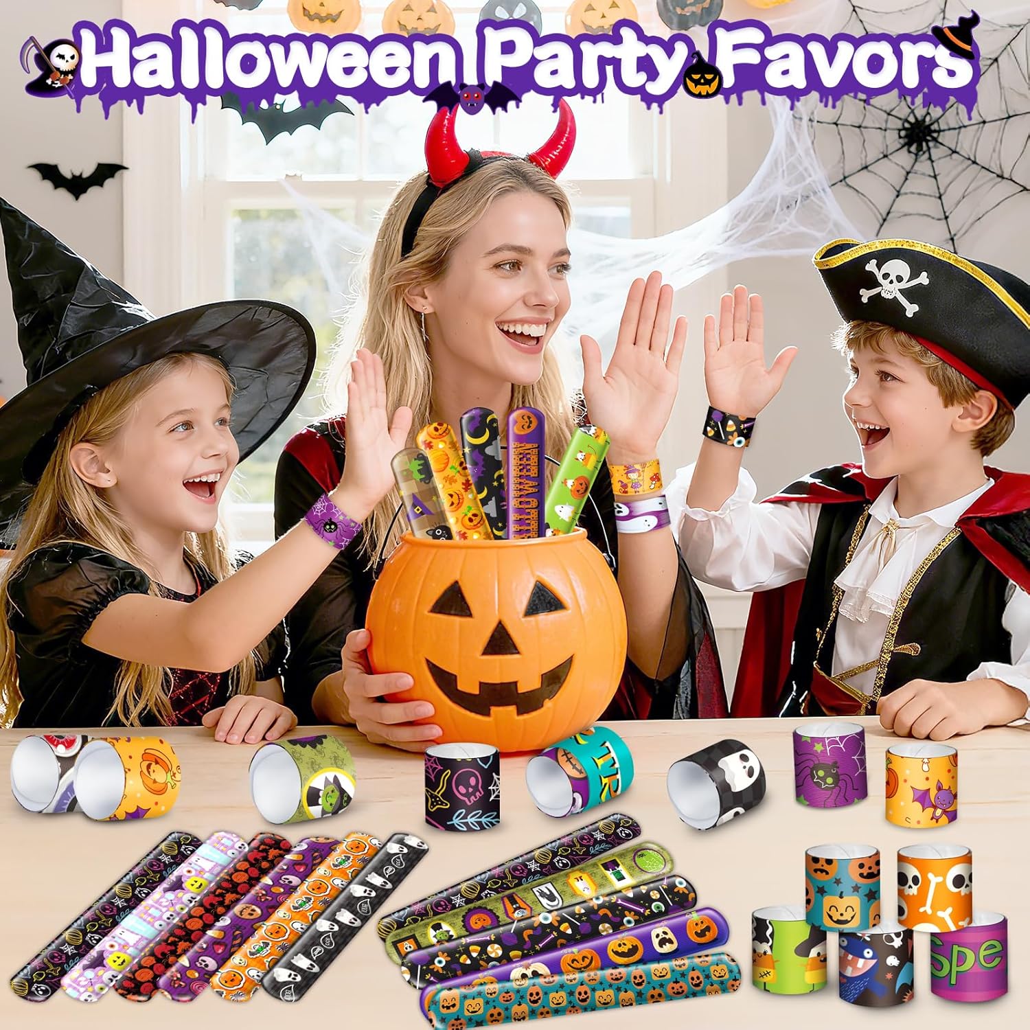 OCHIDO 120 PCS Halloween Slap Bracelets Bulk, Halloween Party Favors Slap Bracelets for Kids, Friendship Snap Bracelets Bulk for Halloween Treat Bags Fillers, Classroom Prizes Exchanging Gifts