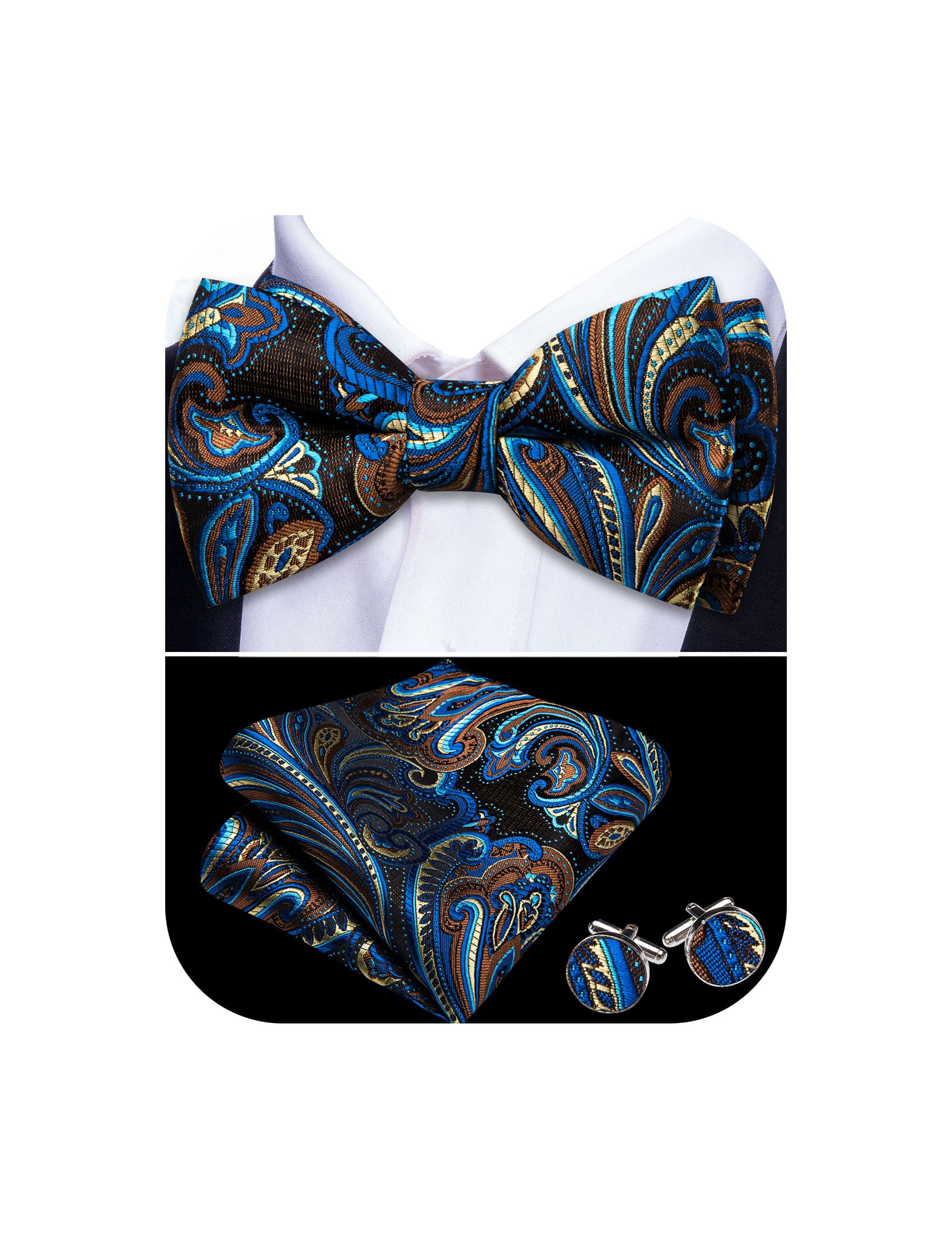 YOHOWA Paisley Striped Men Bow Tie Pre-Tied Formal Adjustable Colorful Bowties Handkerchief Cufflinks Set Wedding Party