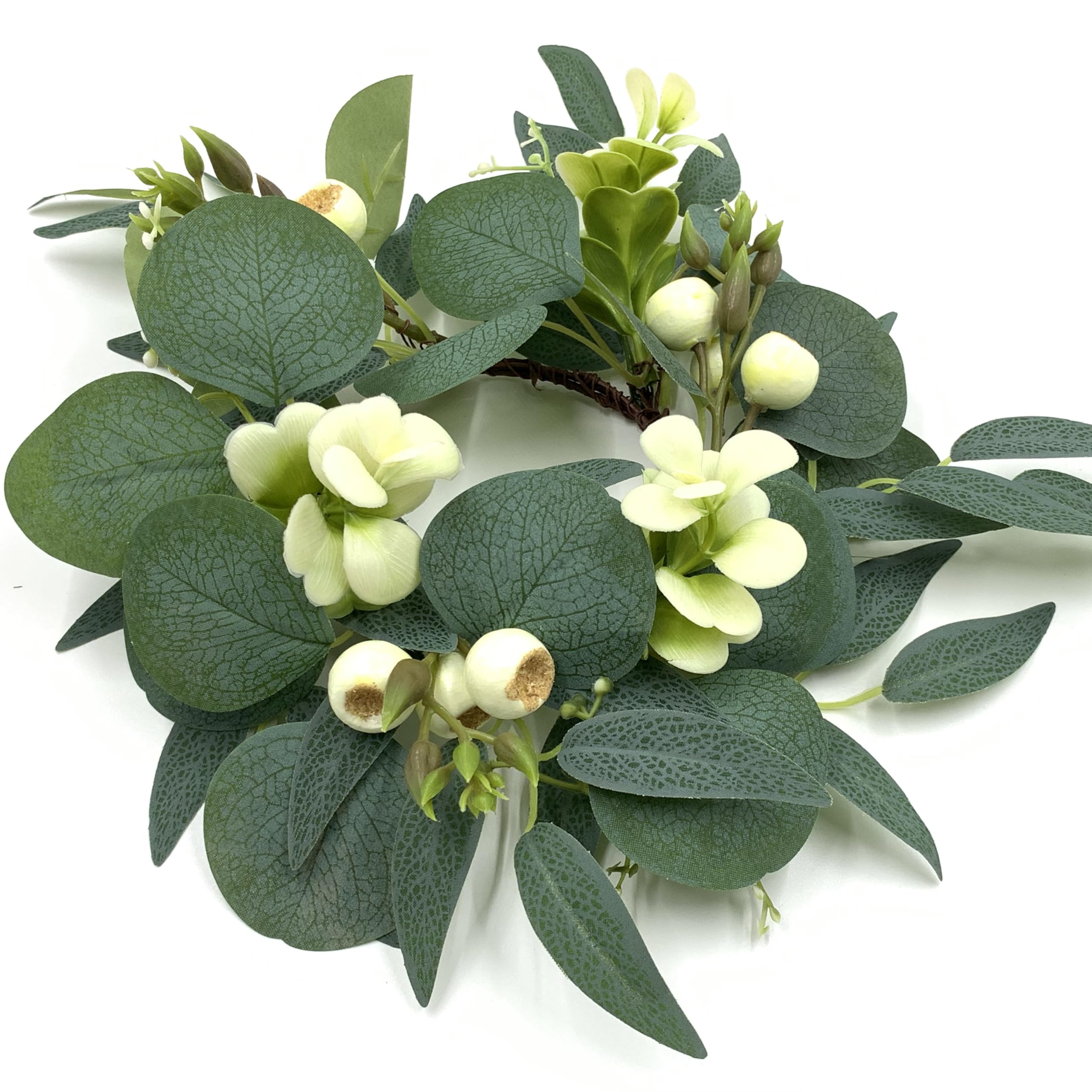 4Pcs Spring Easter Artificial Eucalyptus Leaves and Berry Candle Rings Wreaths 3 Inch Center Boho Mini Wreath 9" Wide Candle Wreath Rings for Pillars Summer Wedding Tabletop Centerpiece Decor