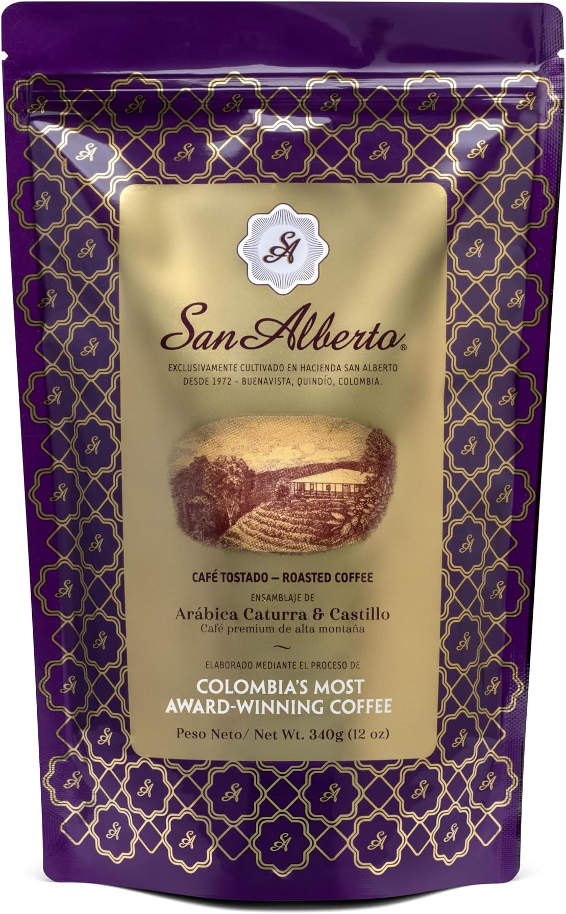 San Alberto Colombian Ground Coffee Medium Roast Single Origin Specialty 100% Arabica Sweet Intense Aromas Vanilla Caramel Dark Chocolate Notes Resealable Bag for Espresso V60 Chemex Drip Filter 12oz