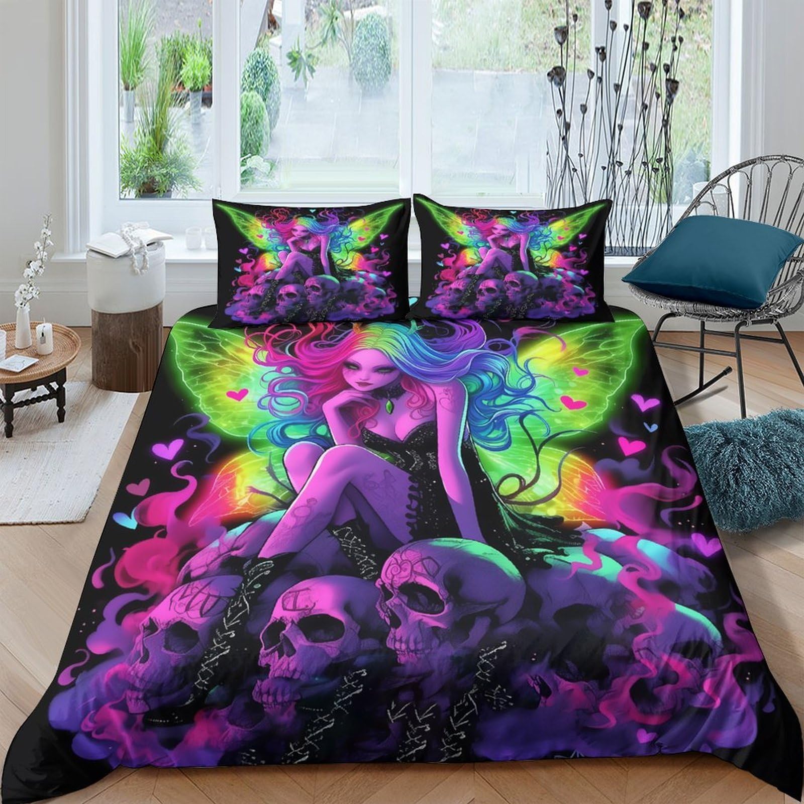 Ctjqhvkz Style-5 3D Printed Gothic Fairy Fitted Sheet Microfiber Colorful Skull Mattress Cover For Bedroom Guest Room Dustproof Decor Single（135X200cm）