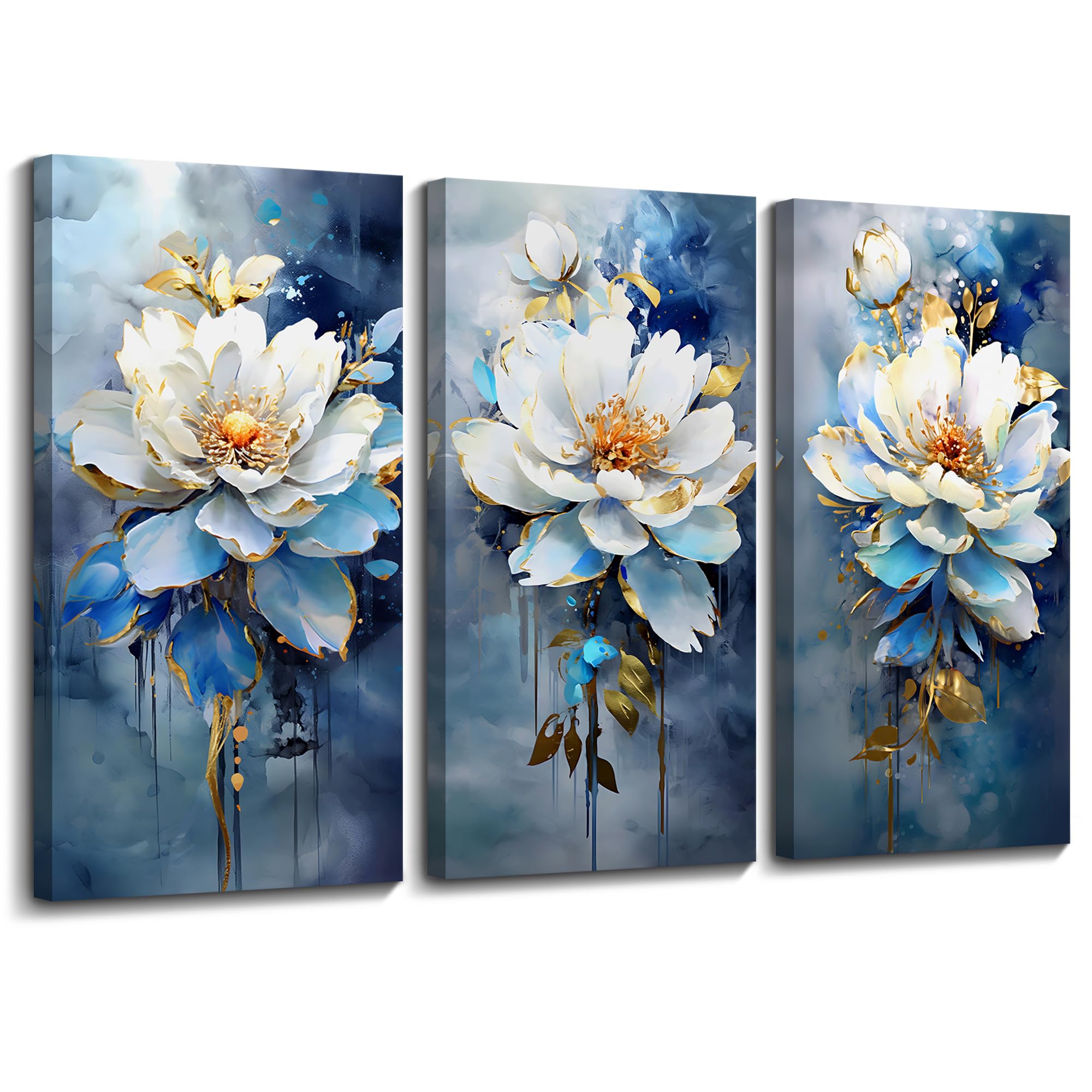 AJAZIKO Abstract Flower Canvas Wall Art-Floral Wall Art-Modern Paintings For Wall Decorations-Navy Blue Family Wall Decor For Living Room-3 Piece Wall