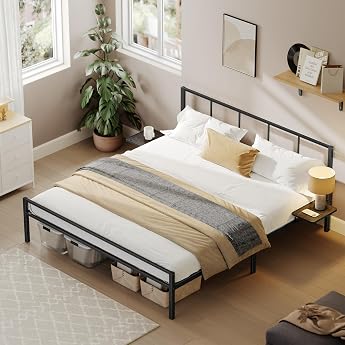 VASAGLE Double Bed Frame, 160 x 200 cm, Metal, with Headboard, Modern, with Storage Shelves, Bed for Guests, Teens, Matt Blac