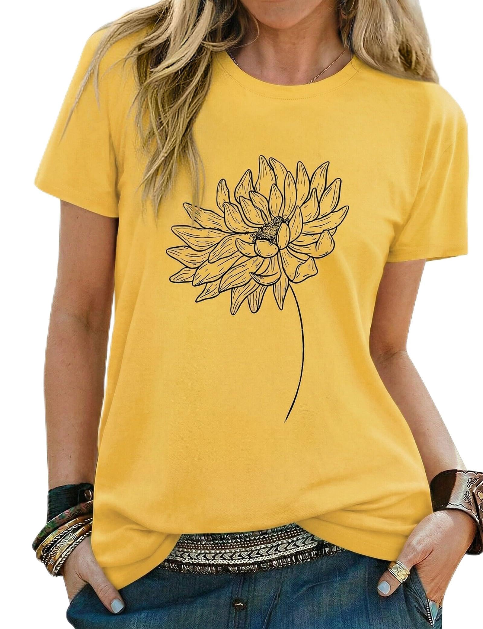 Gyabnw Damen Sonnenblumen T Shirt Sommer Kurzarm Top mit Aufdruck Oberteile Shirts