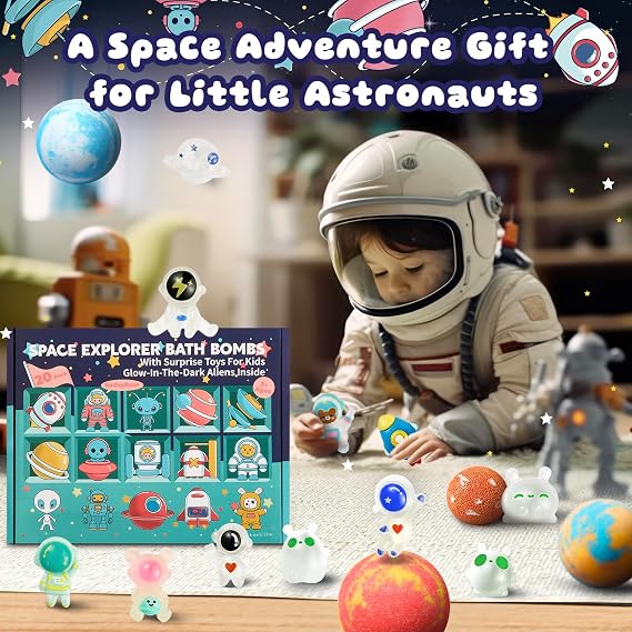 20 Pack Galaxy Bath Bombs for Kids with Space Explorer Toys, Cosmic Adventure Kids Bath Bombs with Astronauts, Rockets, Planets & Glow-in-The-Dark Aliens Inside,End-of-School Year Gifts