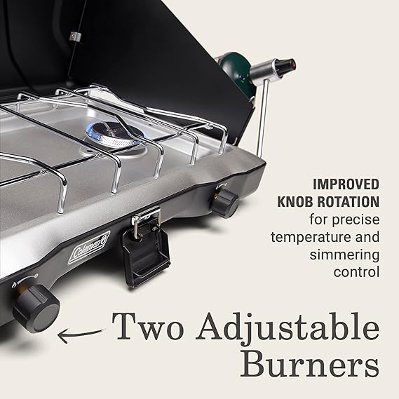 Coleman Triton 2-Burner Propane Stove, Portable Camping Cooktop with 2 Adjustable Burners & Wind Guards, 22,000 BTUs of Power for Camping, Tailgating, Grilling, BBQ, More