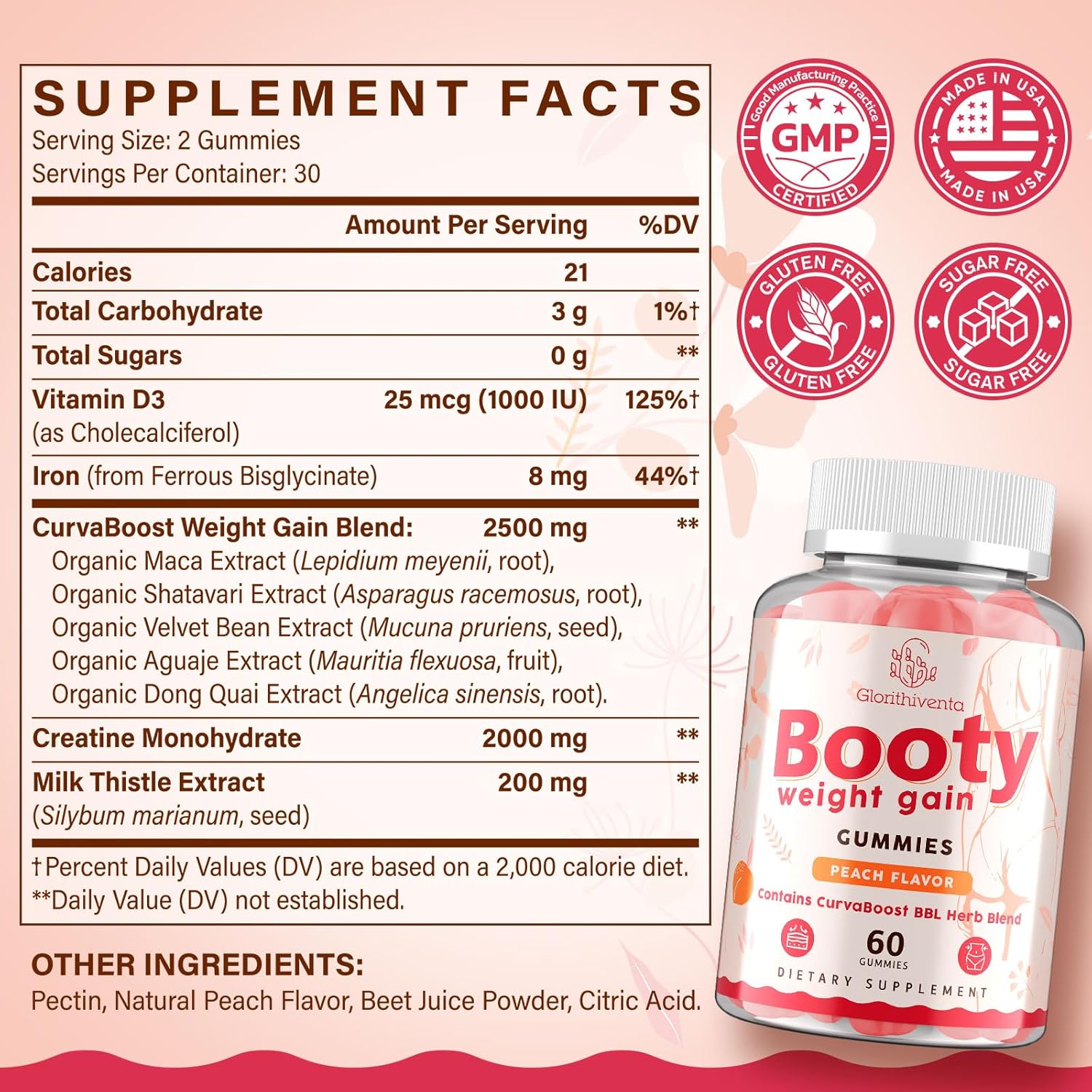 Booty Gummies for Women, BBL Gummies Contains CurvaBoost BBL Herb Blend & Creatine Monohydrate for Booty, Curves & Energy, Zero Sugar, Vegan, Peach Flavor - 120 Counts - Image 6