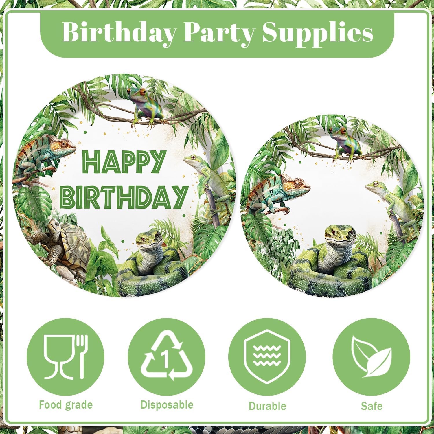 MEHOFOND Reptile Birthday Party Decorations - Happy Birthday Reptile Snake Plates and Napkins - Snake Turtle Palm Leaf Jungle Paper Plates Cups with Tablecloths, Reptile Bday Party Supplies, Serve 24 - Image 5