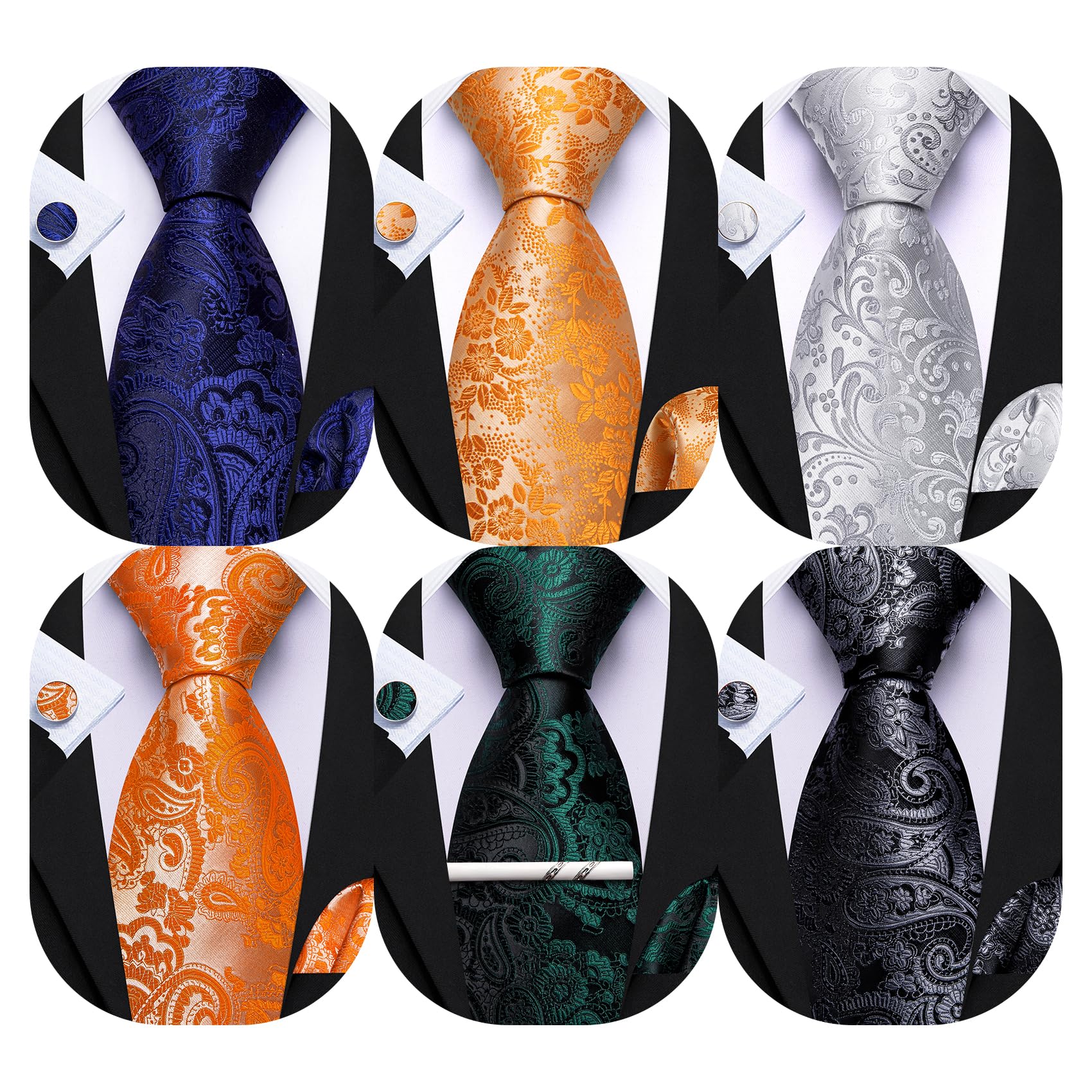 Barry.Wang Men 6PCS Tie Silk Gift Necktie Clip Woven Tie Sets Party