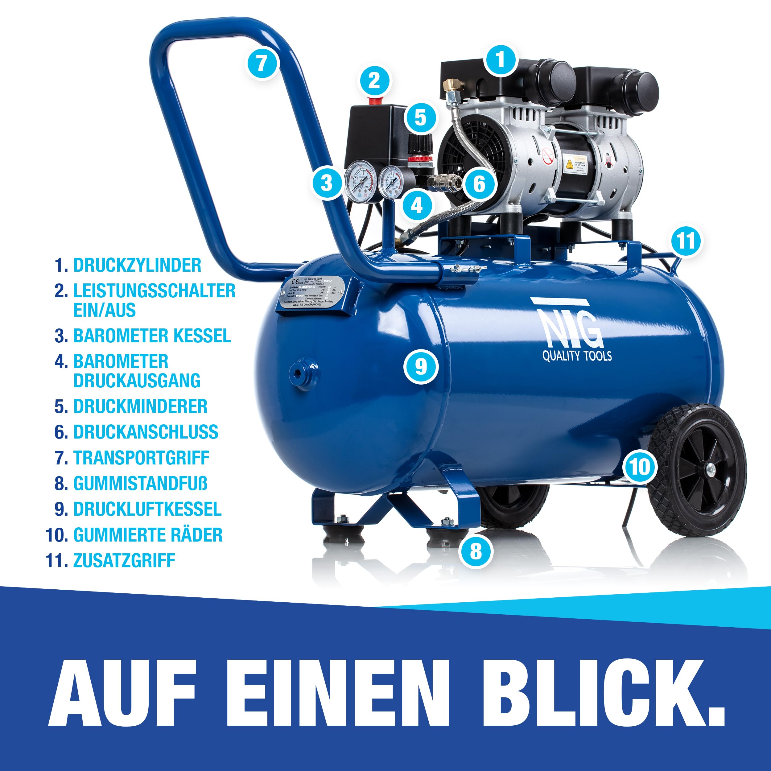 NTG Silent Compresseur 9 bars | Réservoir de 50 litres | Puissance puissante 1470 W | Sans huile | Particulièrement silencieux et flexible à utiliser avec manomètre et régulateur de pression Réservoir