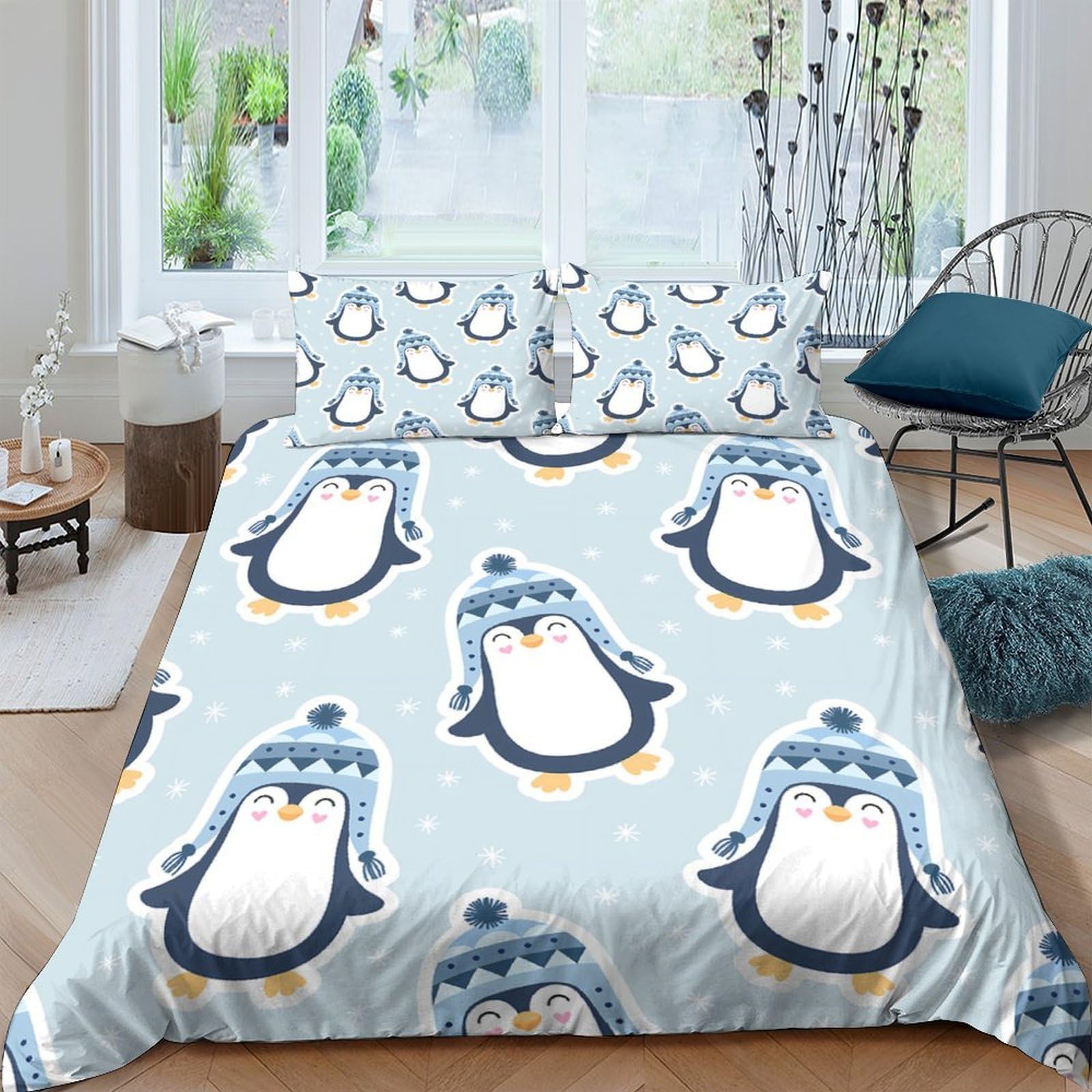 Ctjqhvkz Style-4 3D Printed Cartoon Penguin Fitted Sheet Microfiber Soft Blue Winter Mattress Cover For Bedroom Guest Room Decor Single（135X200cm）