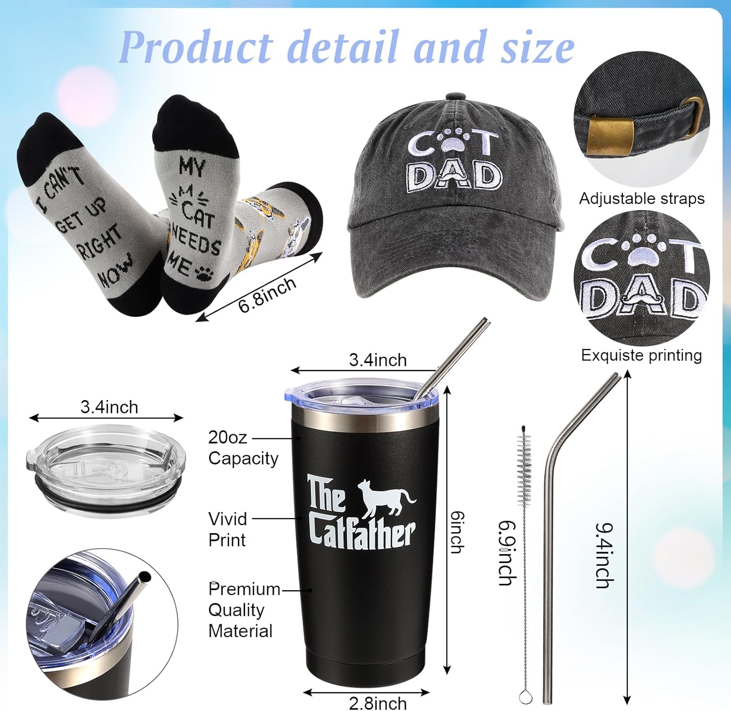 8 Pieces Cat Dad Gifts for Dad, for Dad,Cat Gift for Cat Lovers Including Tumbler Socks Keychain Hat Bottle Opener Greeting Cards Sented Candle