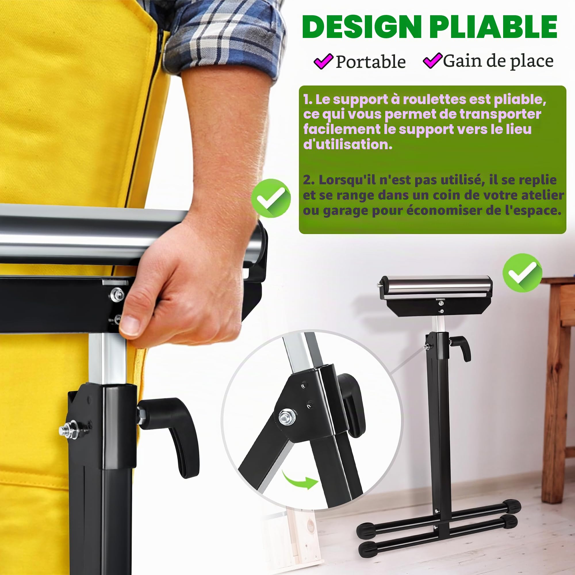 Froadp Lot de 2 tréteaux roulants en acier 68-108 cm - Réglables en hauteur - Pieds antidérapants - Pliables - Support de rouleau - Établi - Outils d'extension - Support de capacité 60 kg par pièce