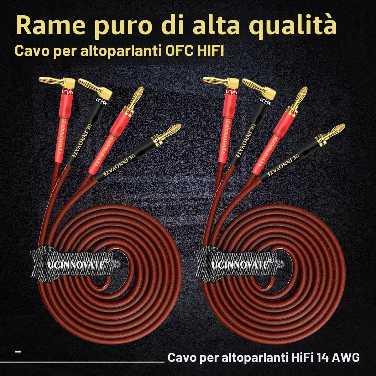UCINNOVATE Confezione da 2 cavi per altoparlanti da 14 AWG con connettori a banana, HiFi OFC 3 m/9,8 FT cavi per altoparlanti con connettori a banana ad angolo retto placcati in oro per cavo audio per
