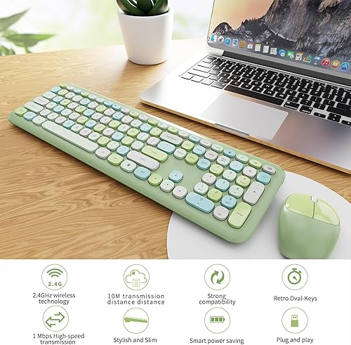 Vista 19 de Combo de teclado y mouse inalámbricos, colorido teclado ergonómico de tamaño completo con diseño retro, silencioso, con teclas bonitas, compatible