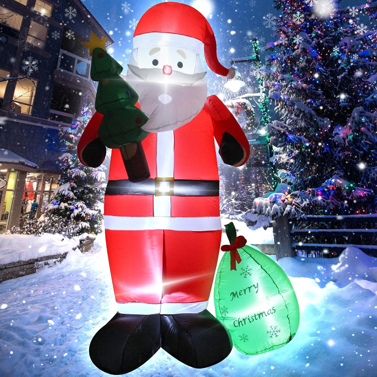 8ft Santa Claus Inflatable Outdoor Decoration, Christmas Blow Up Yard Decor with Gift Bag & Christmas Tree, Waterproof Holiday Inflatables for Front Lawn, Xmas Clearance Gift (Easy Setup & LED Lights)