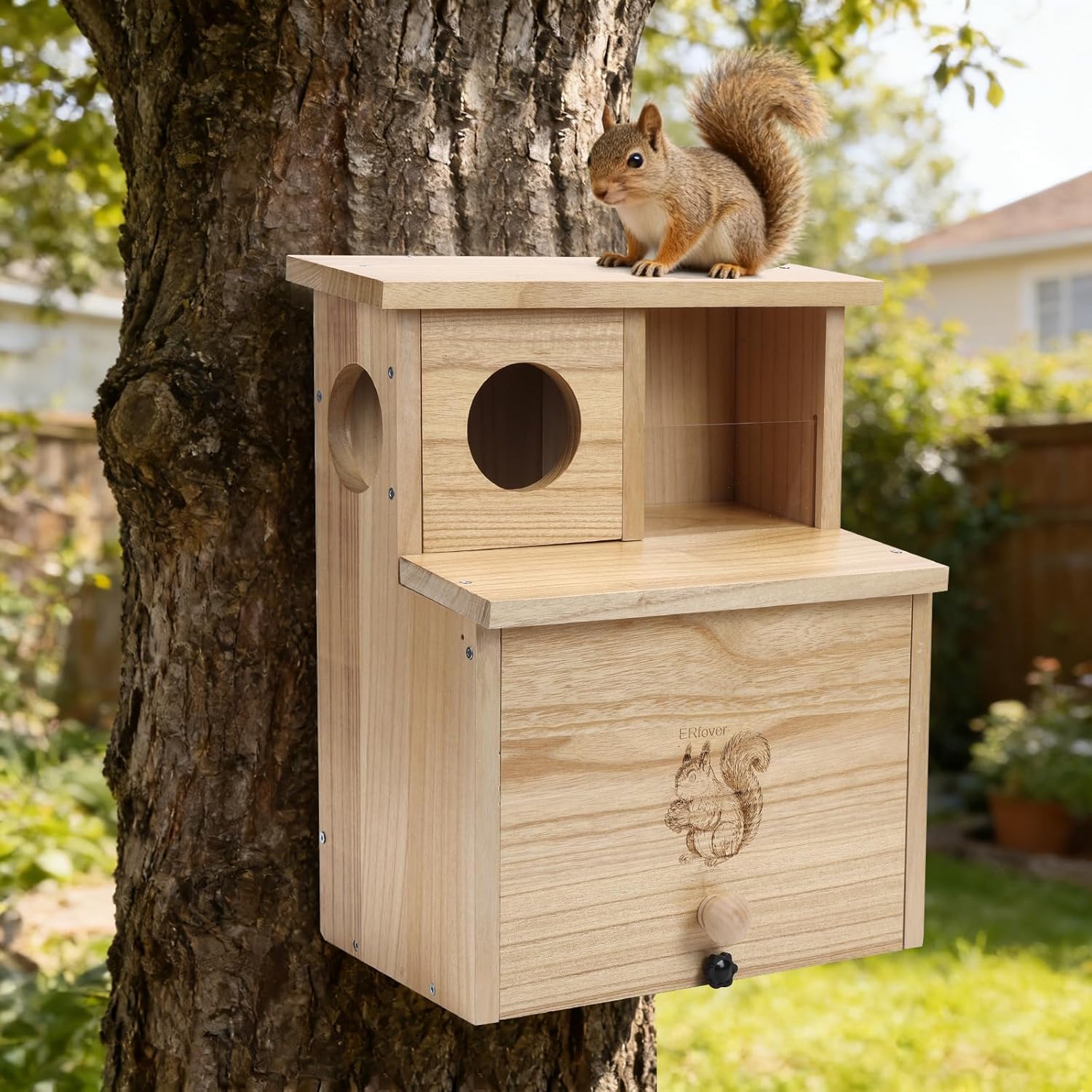 Large Squirrel Family House with Feeder Pine Wooden Box for Shelter Nesting Breeding Living Residence with Varnish Finished