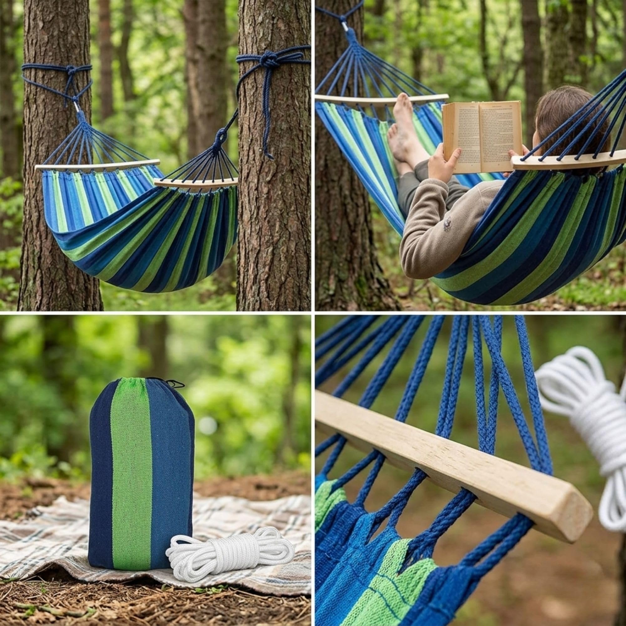 Baskety Cotton Fabric Canvas Travel Hammock with Hardwood Spreader Bar Camping Hammock Swing Bed Outdoor Indoor Use Tree Hanging Beach for Garden, Patio, Balcony, Travel (280 x 100 cm, Blue) 1