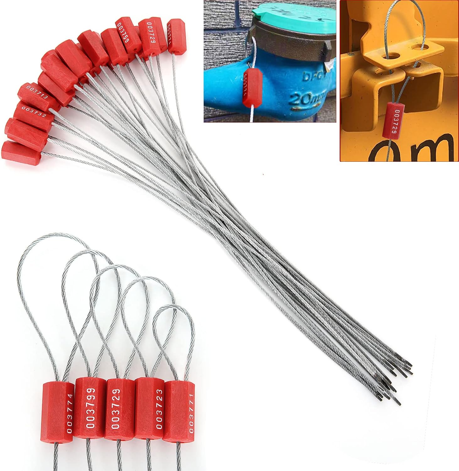 100 PCS Steel Security Cable Seals Numbered Tamper Proof Security Tags, Red Pull-Tite Container Seals Wire Seals, Metal Self-Locking Cable Steel Wire Seal for Truck Container Shipping, 12”/300mm