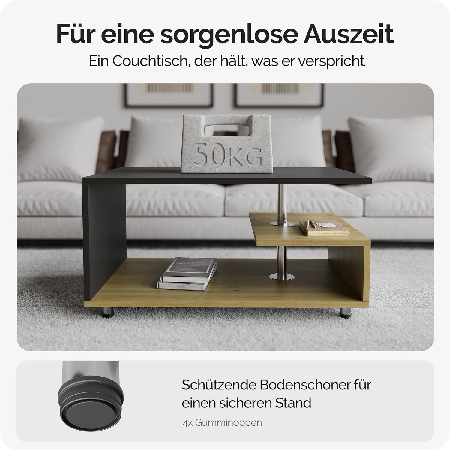 Casaria Orlando Coffee Table with a 50kg weight on top and close-up of adjustable feet