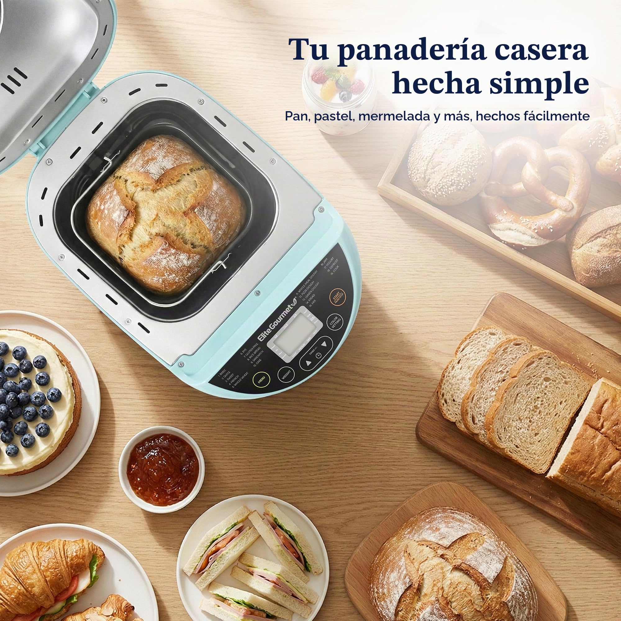 Elite Gourmet EBM8103M - Máquina programable para hacer pan, 3 tamaños de pan, 19 funciones de menú, sin gluten, trigo blanco, centeno francés y más, 2 libras, menta