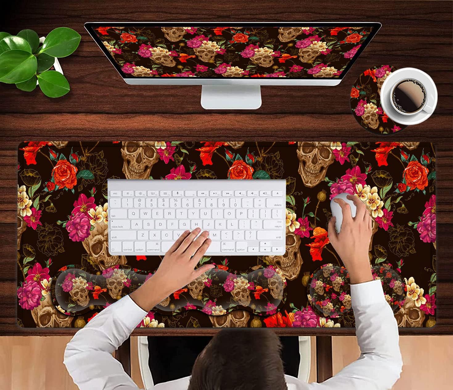 Black Mouse Pad,Keyboard Mouse Pad Set,Extended Gaming Mouse Pad + Memory Foam Keyboard Wrist Rest Support, Rose Flower Skull Office Desk Mat Writing Pad Easy Typing, XXL Large Mousepad Desk Mat