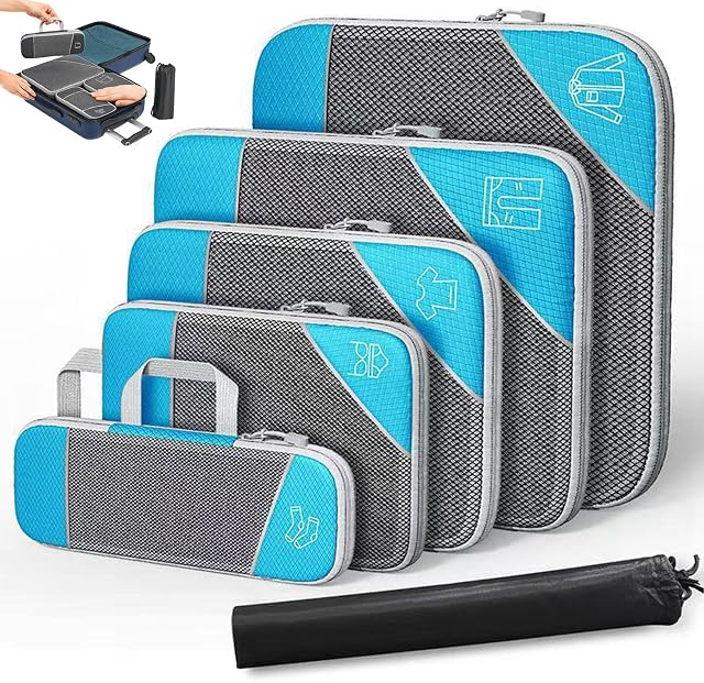 Simplify Living Compression Packing Cubes for Travel, Space-Saving Luggage Organizers, Durable & Waterproof 6-Piece Set with Compression Zipper for Clothes, Shoes & Accessories (Sea Blue)