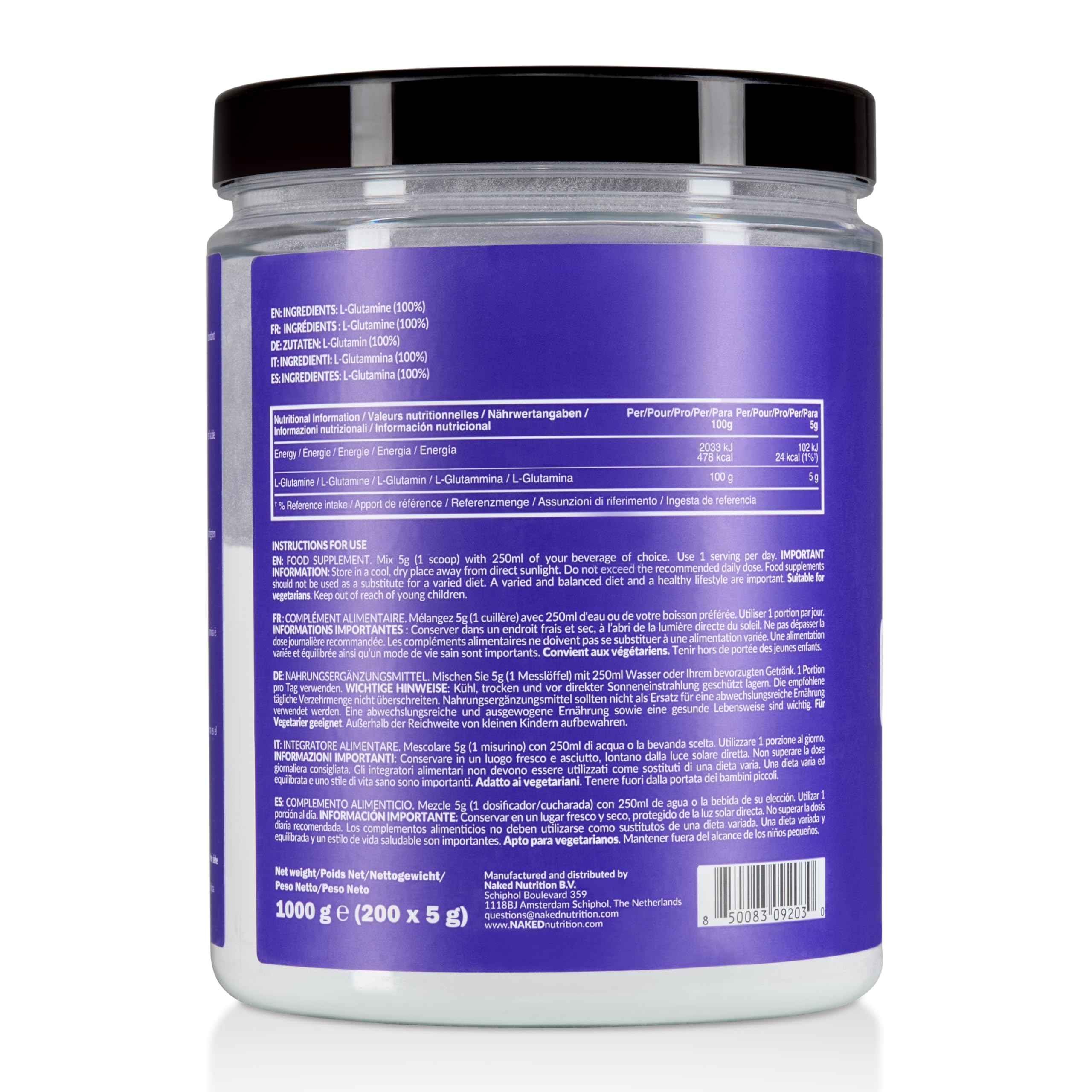 NAKED L-Glutamine – 200 doses – 1000 g, vegan, sans OGM, sans gluten et sans soja. Limite la dégradation musculaire et améliore la synthèse des protéines. Sans additifs