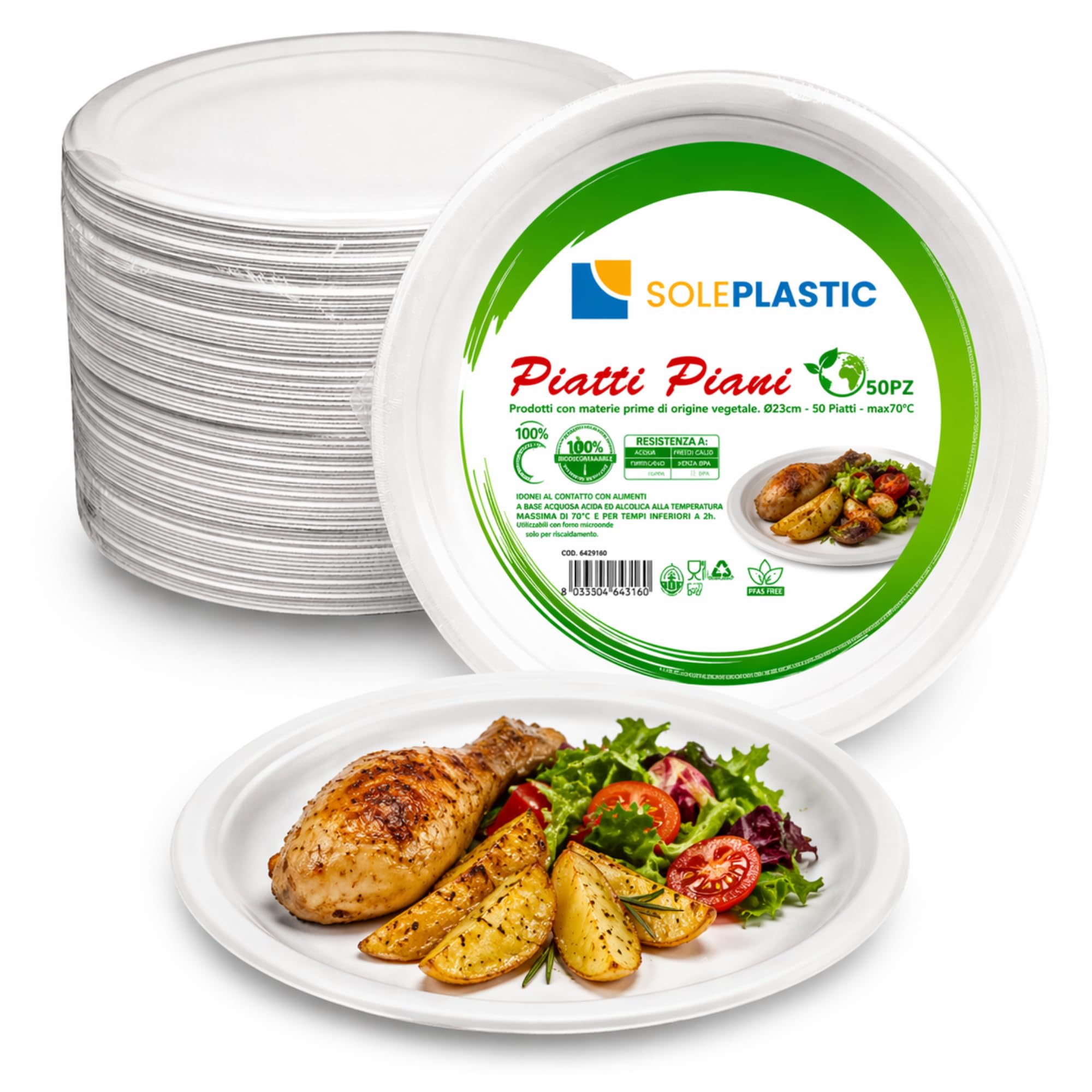 50 Piatti Bianchi Biodegradabili da 23 cm - in Polpa di Cellulosa - RESISTENTI e Compostabili - Piatti Piani RIUTILIZZABILI per Feste, Catering, Picnic e Uso Quotidiano - OTTIMO PER PIATTI CALDI