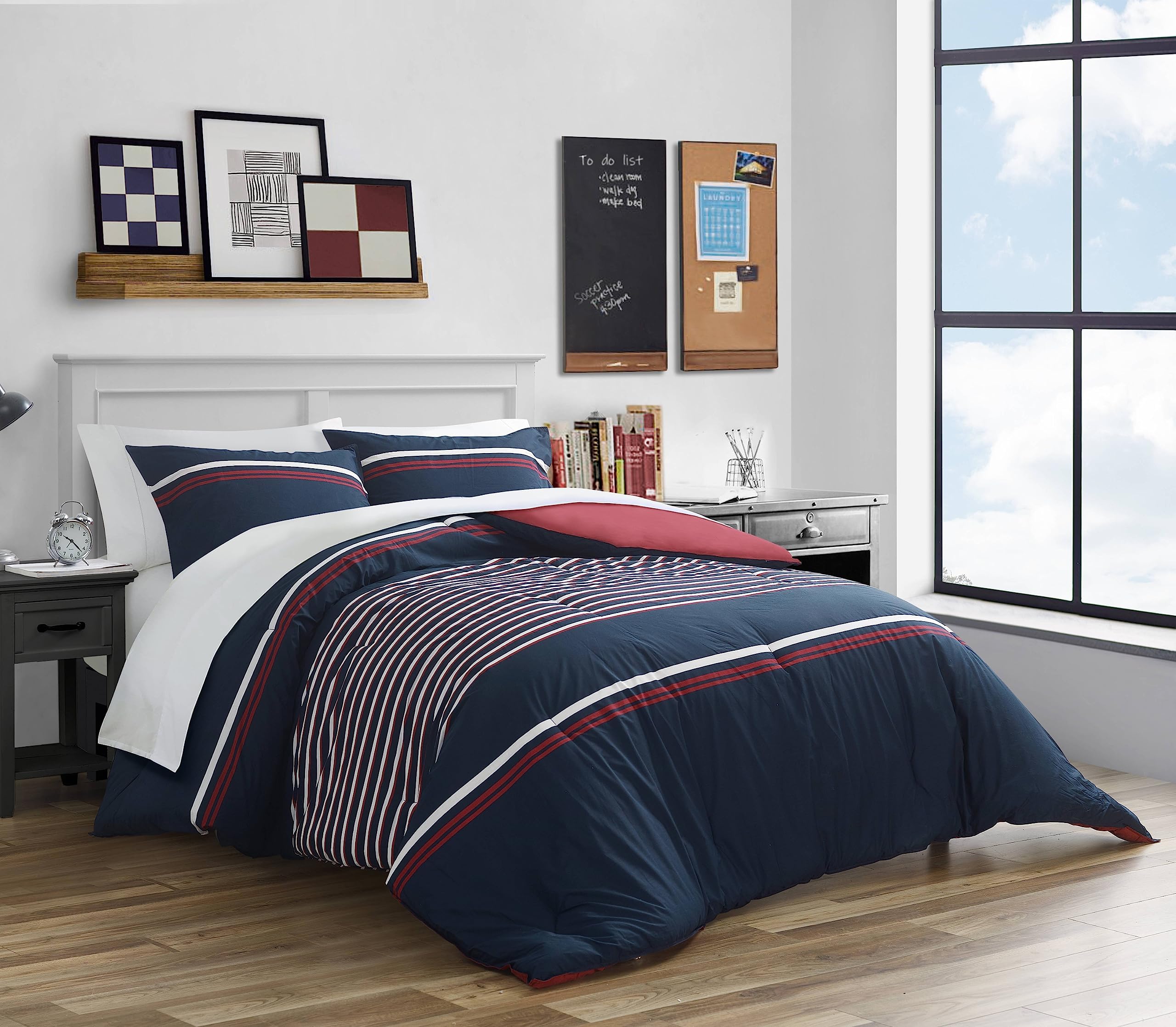 King Comforter Set, Cotton Reversible Bedding with Matching Shams, Medium Weight for All Seasons (Mineola Navy, King)