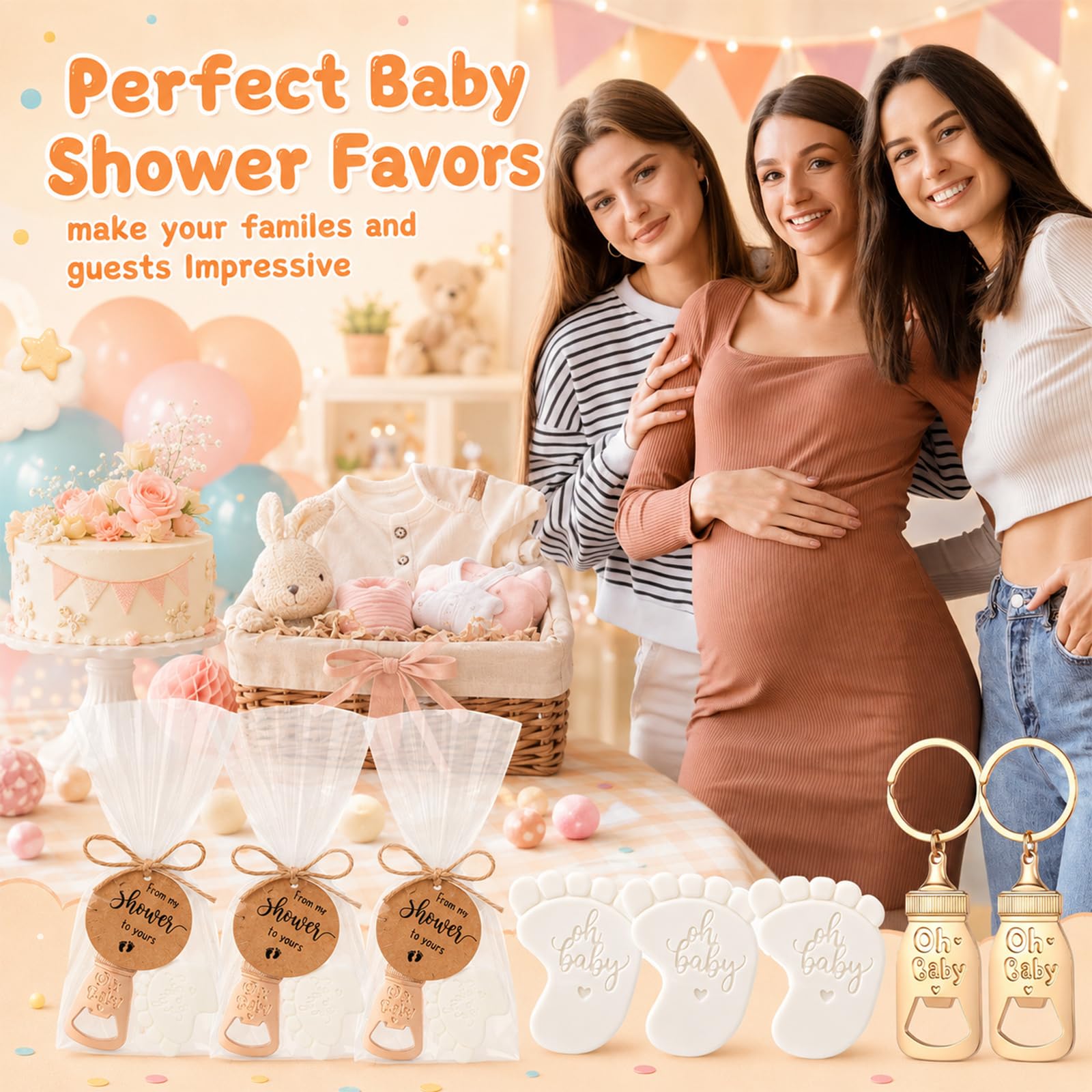 Vesici 25 juegos de recuerdos de baby shower para invitados, mini jabón perfumado hecho a mano con abrebotellas, llaveros y tarjetas de agradecimiento para ducha, revelación de género, regalos de