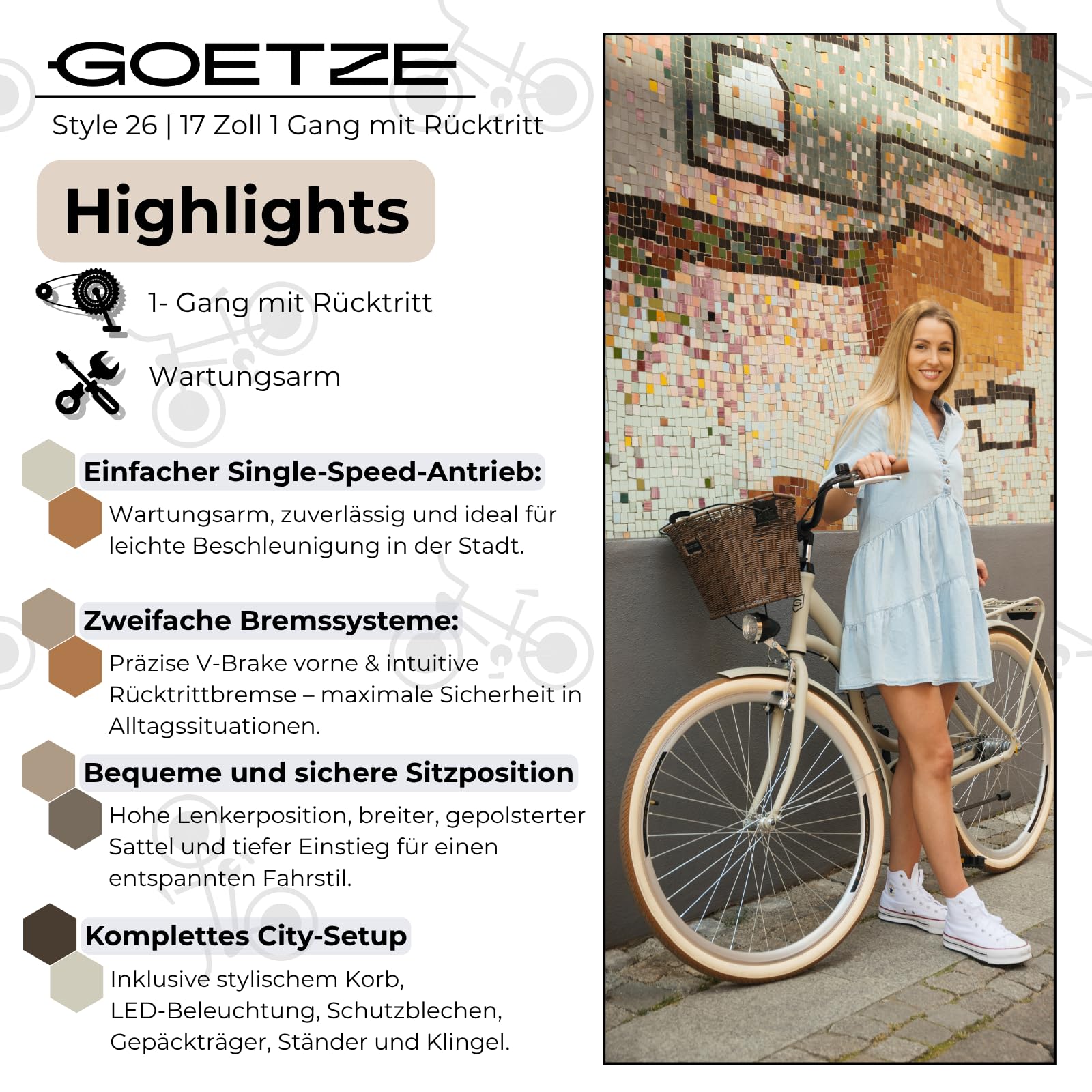 Goetze Style 26 Zoll Damen Citybike, 17 Zoll Tiefeinsteiger Rahmen, 1-Gang Rücktrittbremse, V-Bremse vorne, LED-Beleuchtung, Gepäckträger, Rattankorb, Komfortsattel, mit Ständer & Klingel