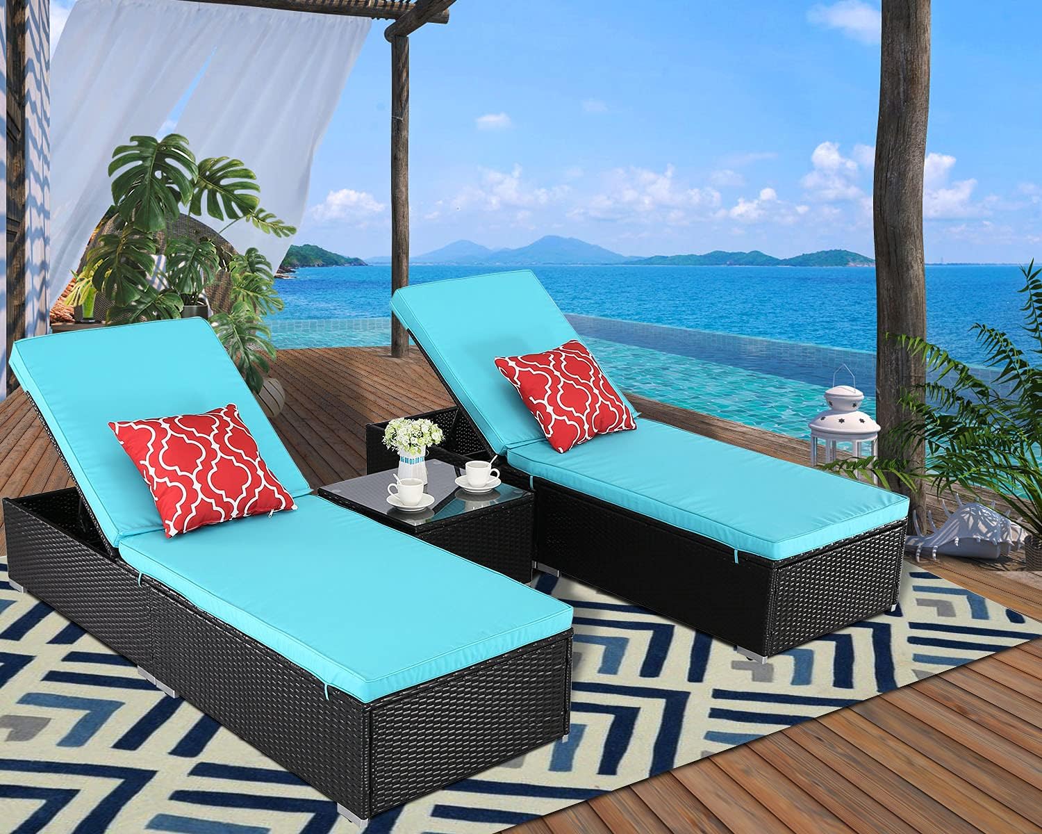 HTTH Outdoor Chaise Lounge, Patio Chaise Longue, Thick & Comfy Cushion Wicker Lounger Chairs, 3 Pcs Reclining Chair Set Recliner for Garden, Patio, Pool (Turquoise)