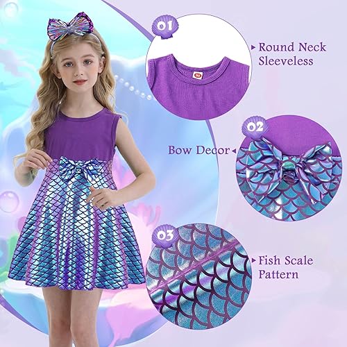 Miniatura 4 de HenzWorld Vestido de Sirenita Ariel para niñas, disfraz de princesa, ropa de cosplay, fiesta de cumpleaños con diadema