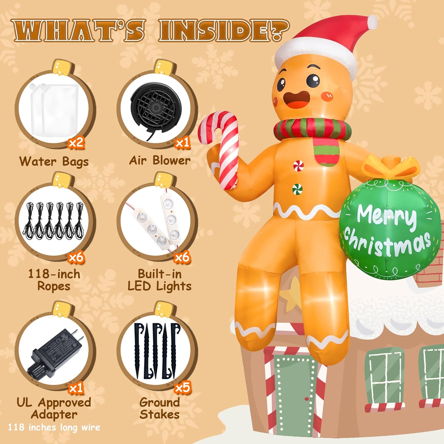 11 FT Christmas Inflatables Gingerbread Man, Christmas Blow Up Yard Decorations with Built-in LEDs, Sitting Gingerbread Inflatable Christmas Decorations Outdoor for Garden Yard Lawn Roof - Image 3