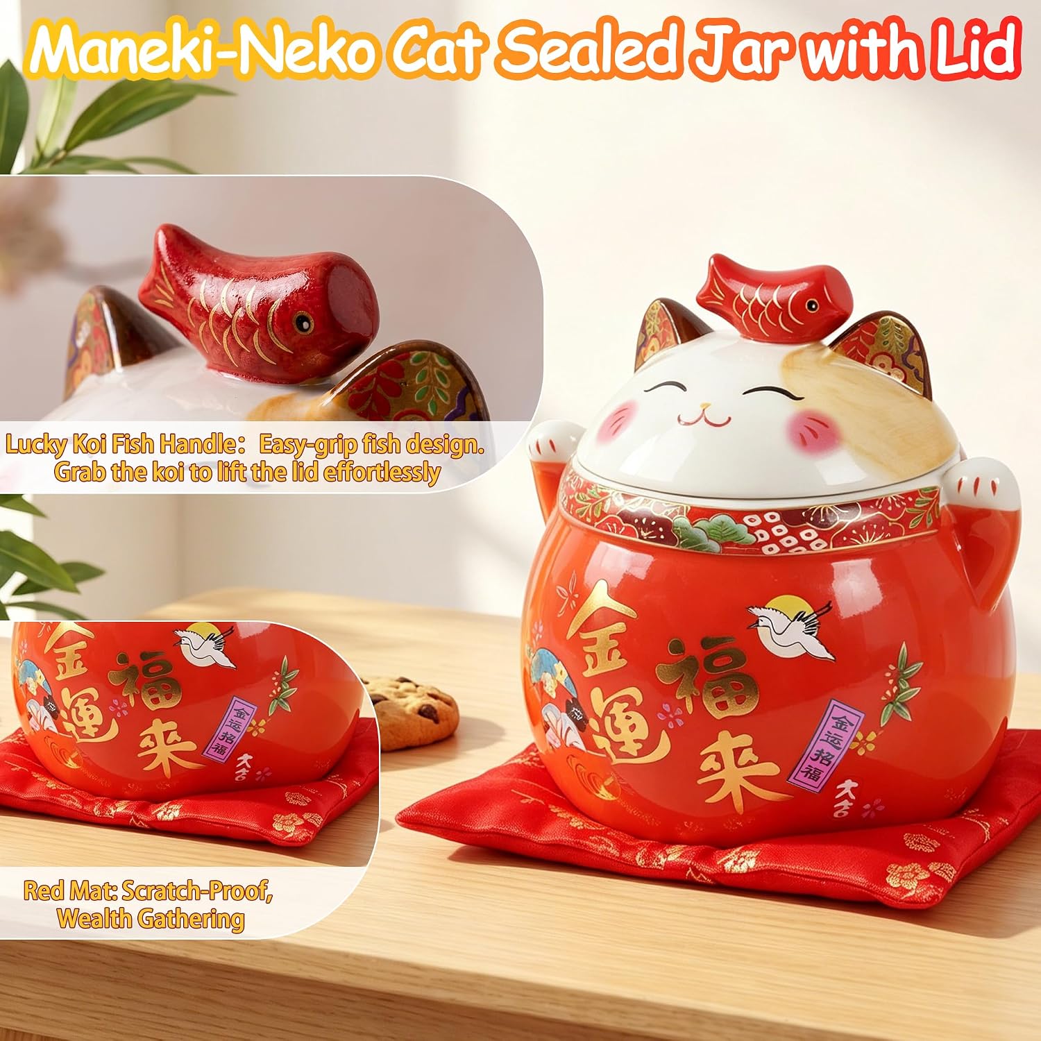 Ceramic Fortune Cat Cookie Candy Tea Coffee Jar with Lid,Maneki Neko Lucky Ornament Figurine Airtight Storage Canister Decorative Beckoning Cat for Home Decor Kitchen Business Opening, Feng Shui