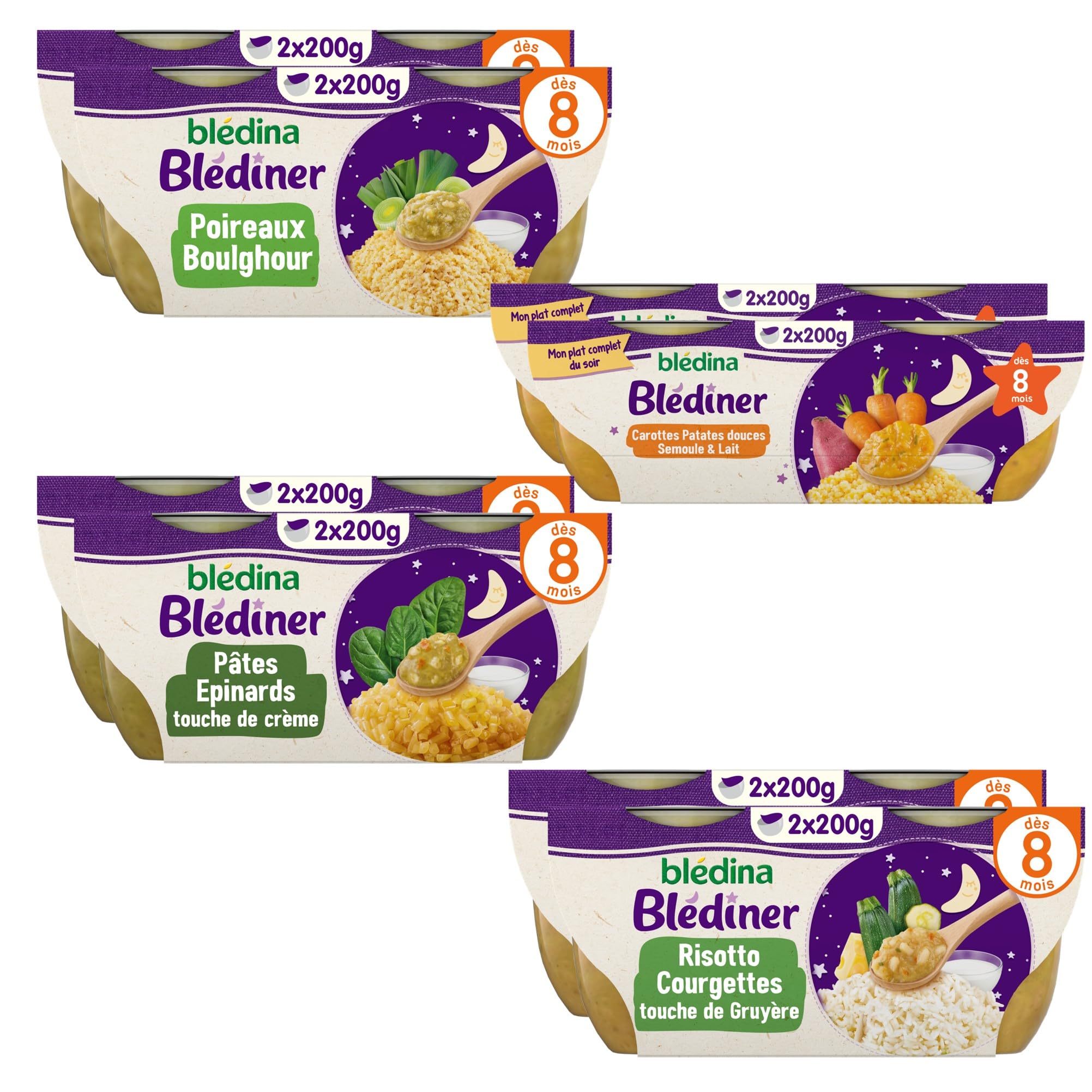 Blédina - Blédiner - Plats du soir pour bébé - 16 bols avec 4 Recettes inspirées du Fait Maison - Dès 8 Mois - Sans sel ajouté - 16x200g