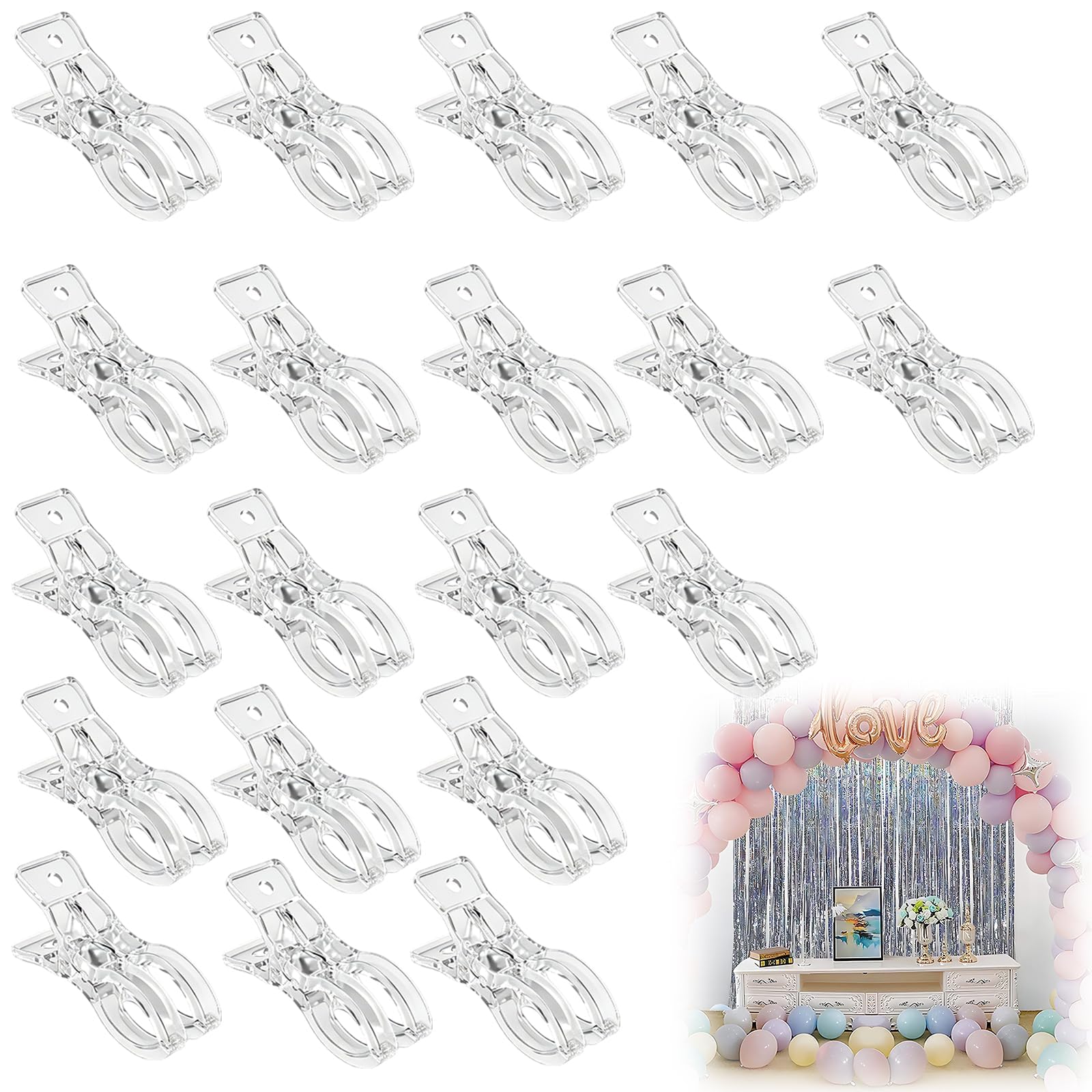 20-Pack Transparent Balloon Clips for Balloon Arch, No Knot Balloon Tie Tool for Garland Supplies, Reusable Fasteners for Wedding Party Decorations