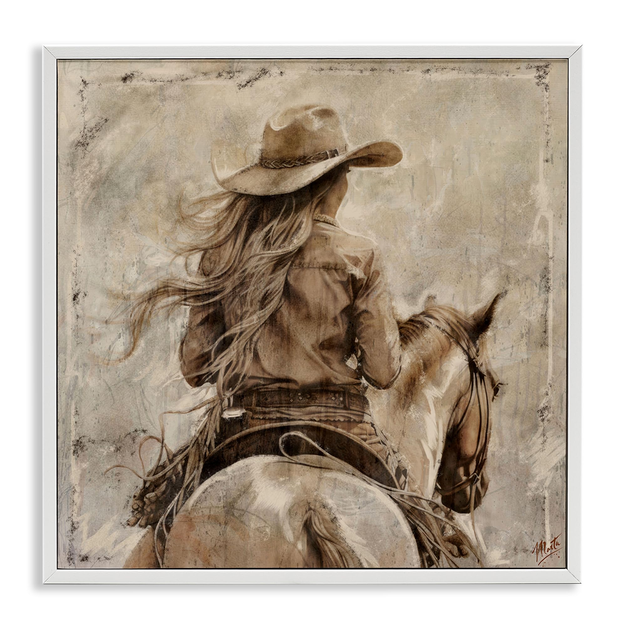 Stupell Industries Coastal White (Textured) Windblown Cowgirl On Horseback, 24 X 24 Inch Framed Giclée Print