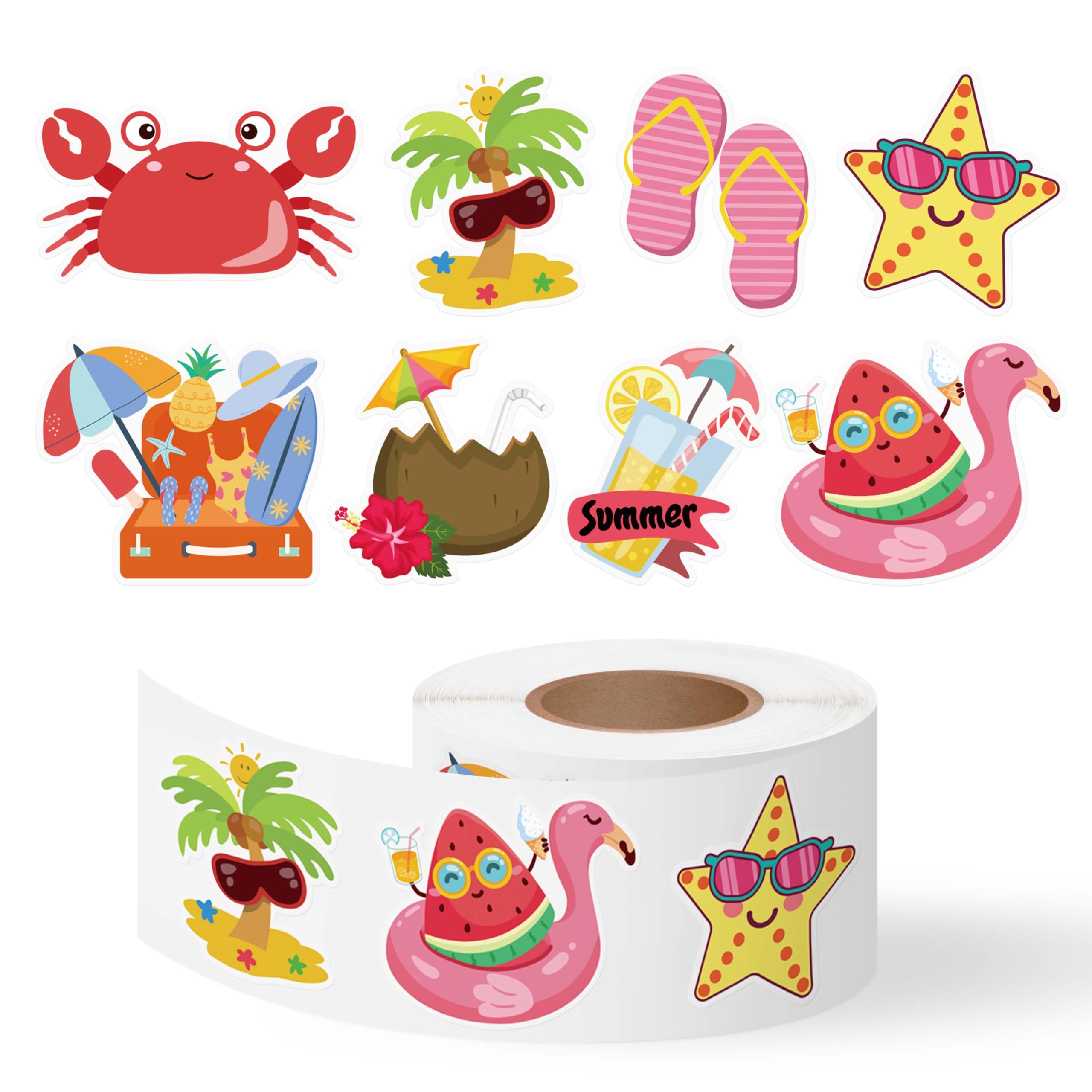 HoiSumma 500 Pcs Summer Stickers Roll Hawaii Tropical Beach Self Adhesive Labels Luau Party Favors Supplies Decor for Holiday DIY Crafts Gifts