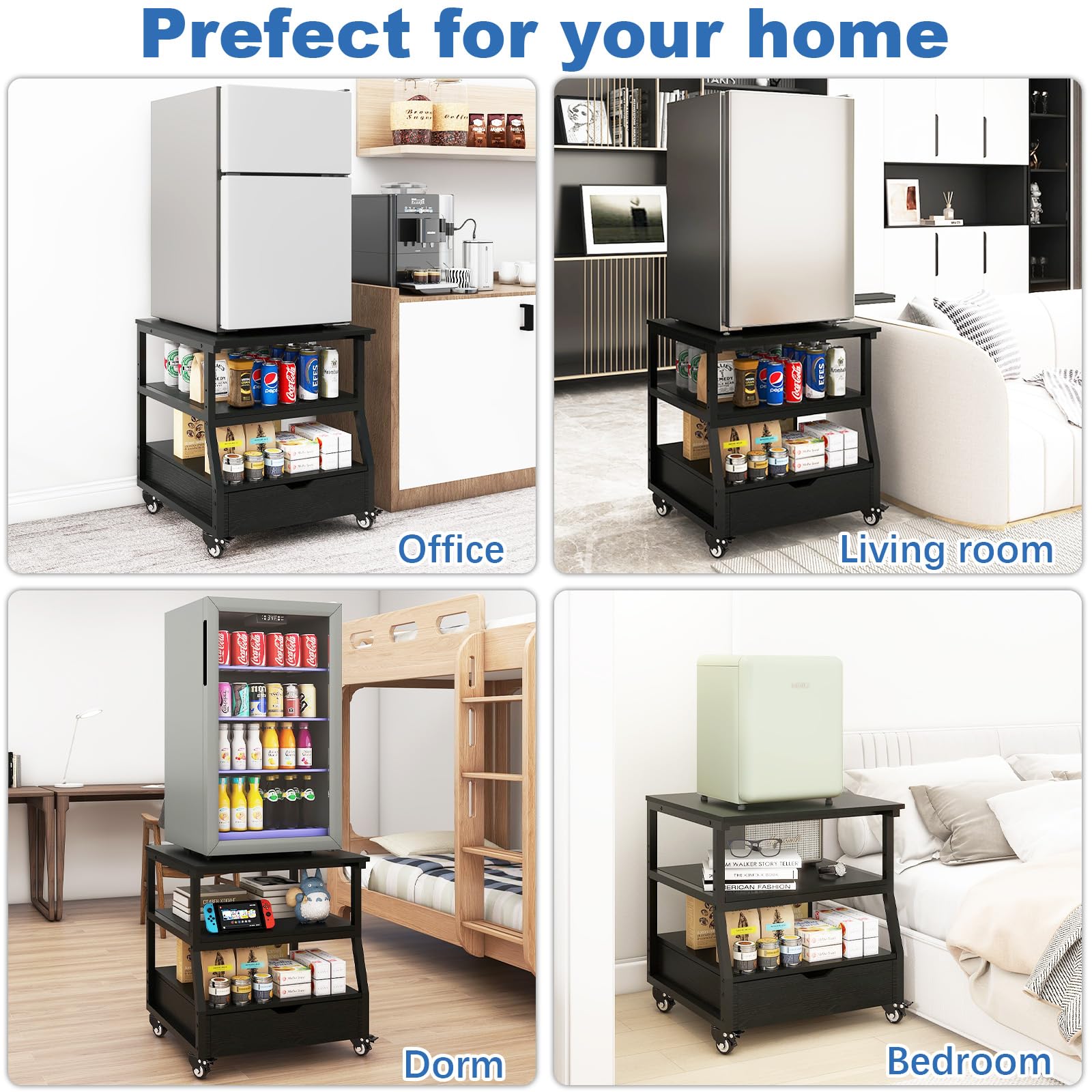Mini soporte para refrigerador de 23.6 x 21.7 pulgadas con almacenamiento de gran capacidad, carrito de refrigerador resistente con cajones, mesa móvil para refrigerador de bebidas con ruedas, 7