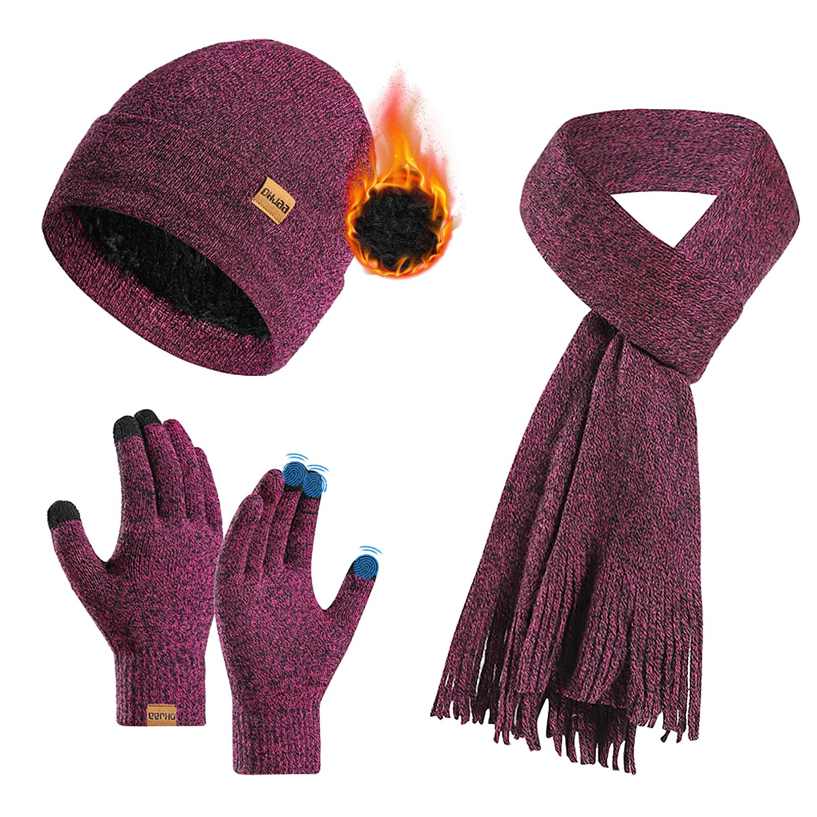 Invierno Gorro Bufanda Guantes de Pantalla Táctil Set 3 en 1 para Mujeres, Sombreros de Punto con Cálido Forro Polar Suave Larga Lana Bufanda Elástico Guantes Conjunto para Mujeres Regalos
